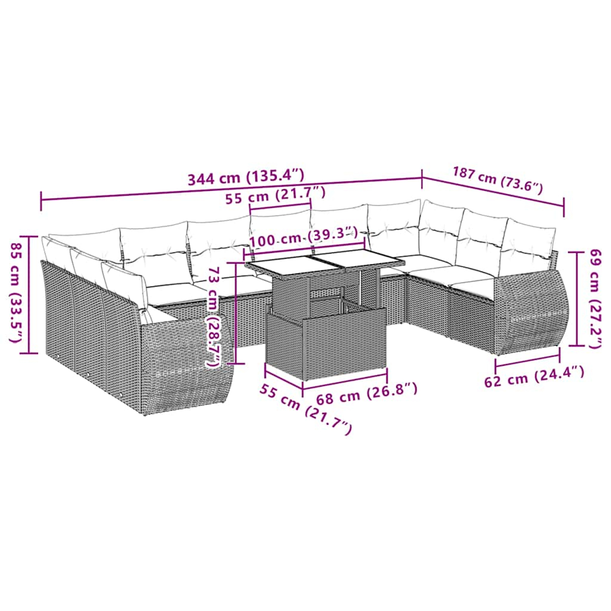 Diagramm einer grauen Rattan-Sitzgruppe mit Tisch und Maßangaben.
