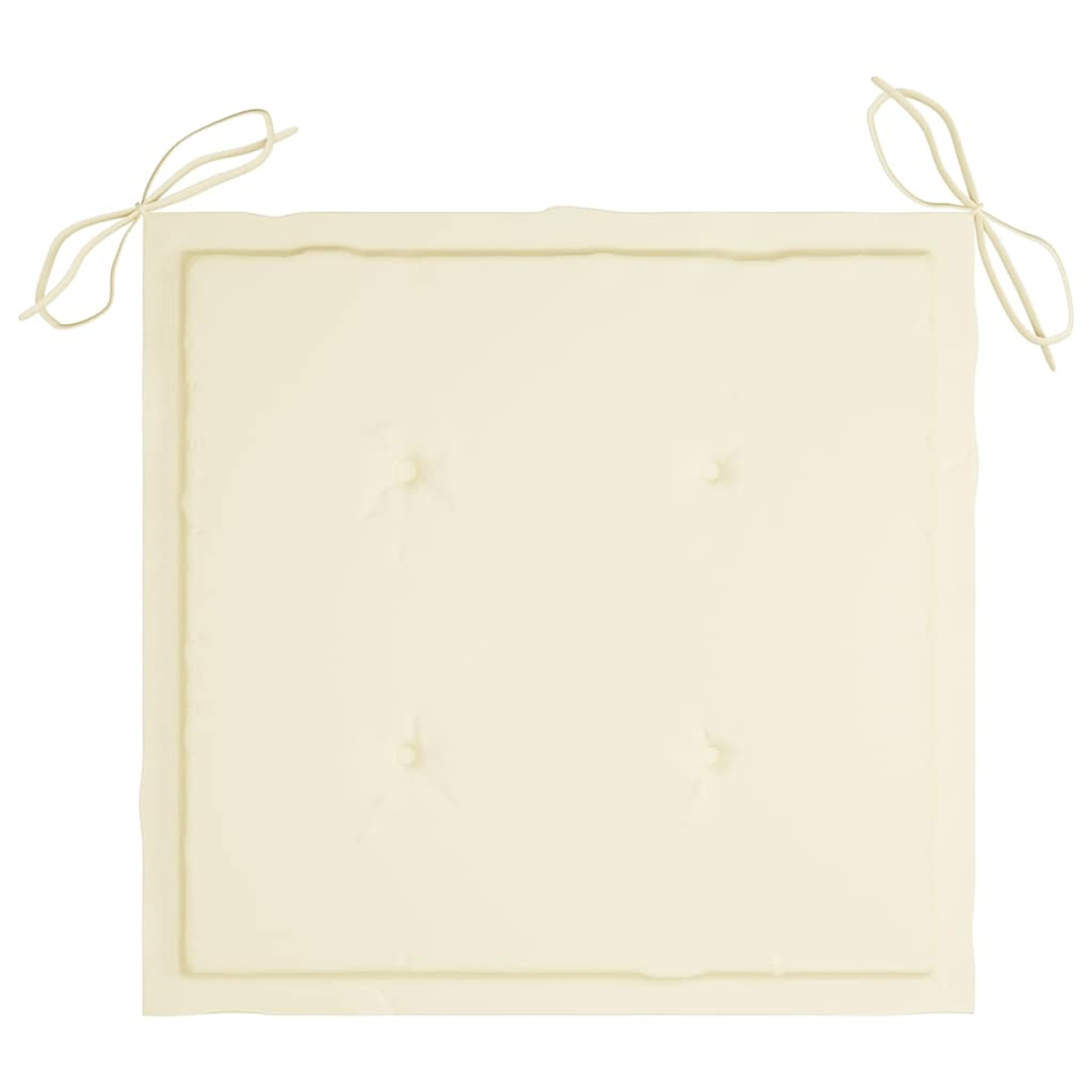 Beige quadratische Stuhlkissen mit vier Knopfnoppen und zwei oberen Bindebändern vor weißem Hintergrund.