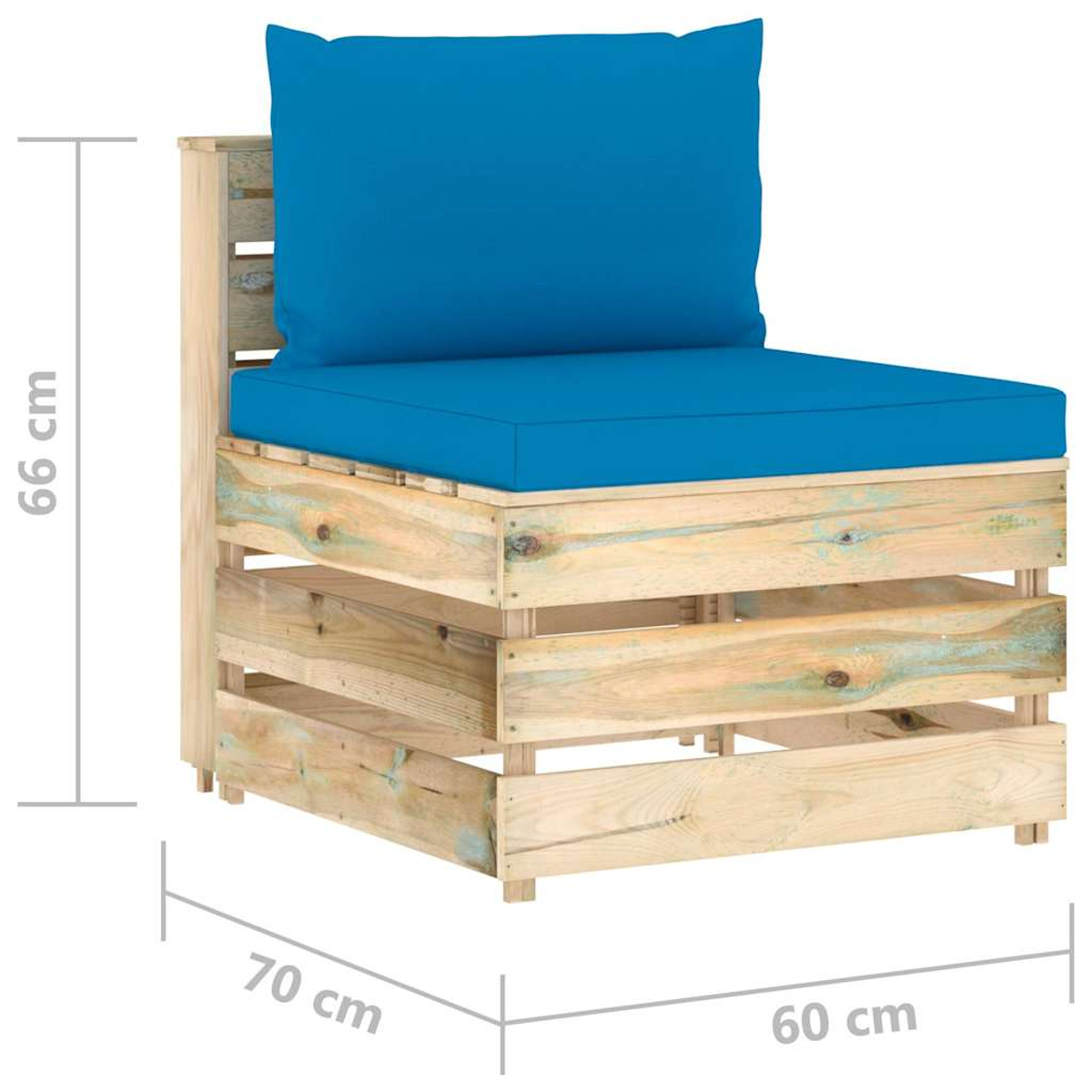 Ein Palettengartenstuhl aus Holz mit hellblauen Kissen, 66 cm hoch, 70 cm tief und 60 cm breit.