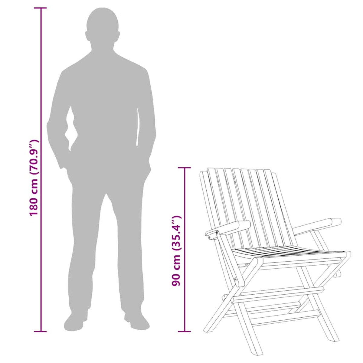 Diagramm zeigt die Abmessungen eines Holzstuhls mit einer Höhe von 90 cm neben einem 180 cm großen Menschen.
