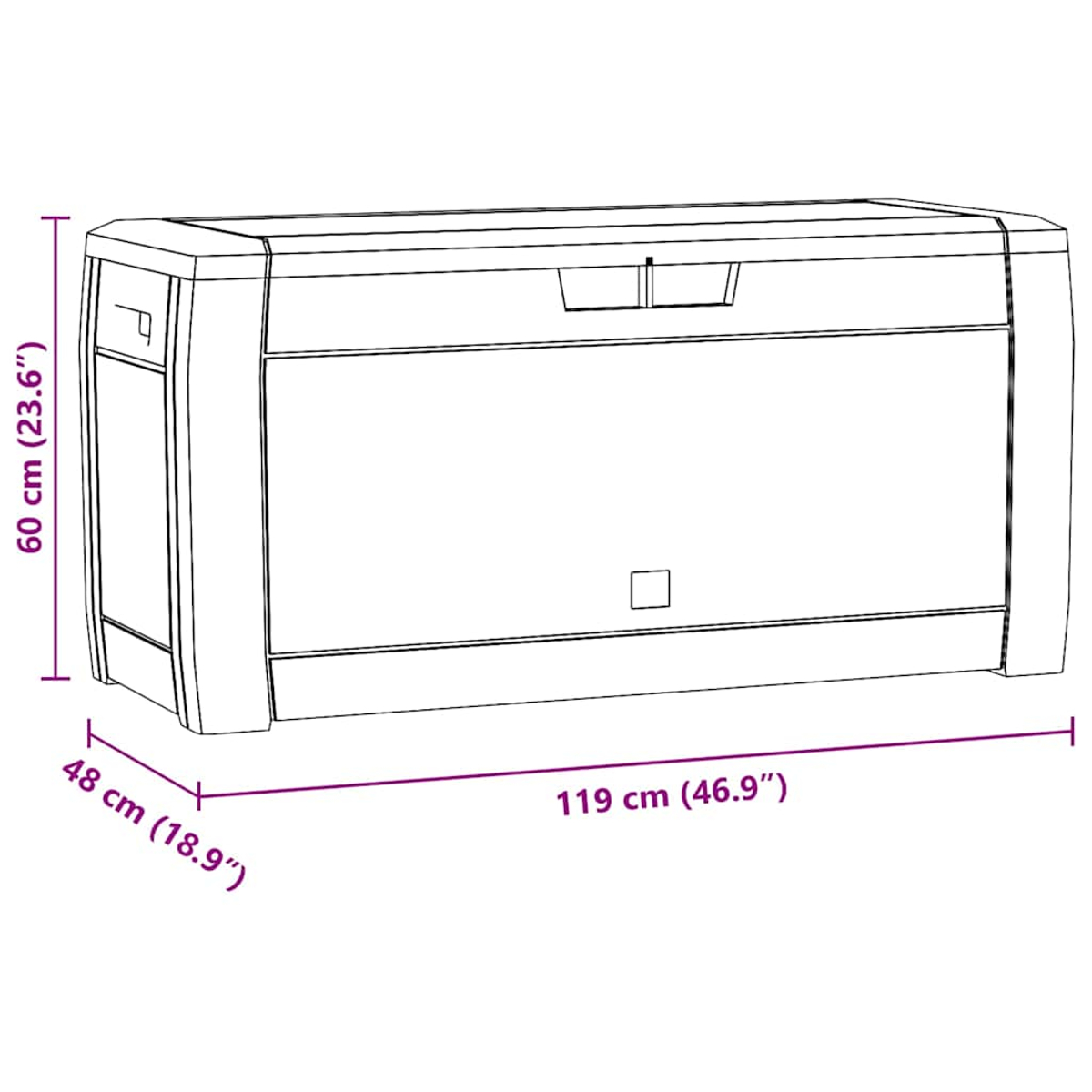 Linienzeichnung einer Gartenbox mit Maßangaben: 60 cm Höhe, 48 cm Tiefe und 119 cm Länge.