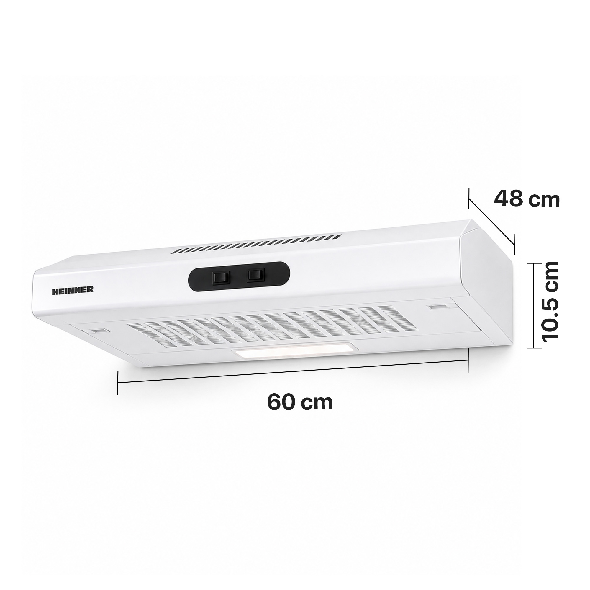 Weiße Heinner Dunstabzugshaube mit Maßen: 60 cm Breite, 10,5 cm Höhe und 48 cm Tiefe.