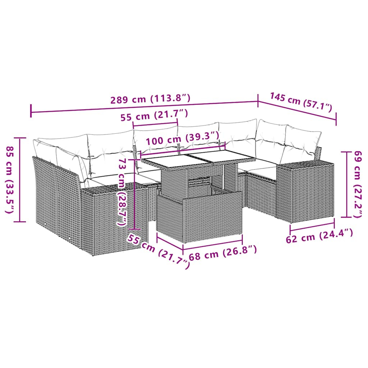 Diagramm einer grauen Rattan-Sitzgruppe mit Maßen für Länge, Breite und Höhe in Zentimetern und Zoll.