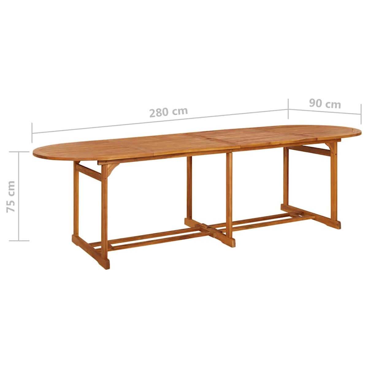Langer, ovaler Holztisch mit Abmessungen von 280 cm Länge, 90 cm Breite und 75 cm Höhe vor weißem Hintergrund.