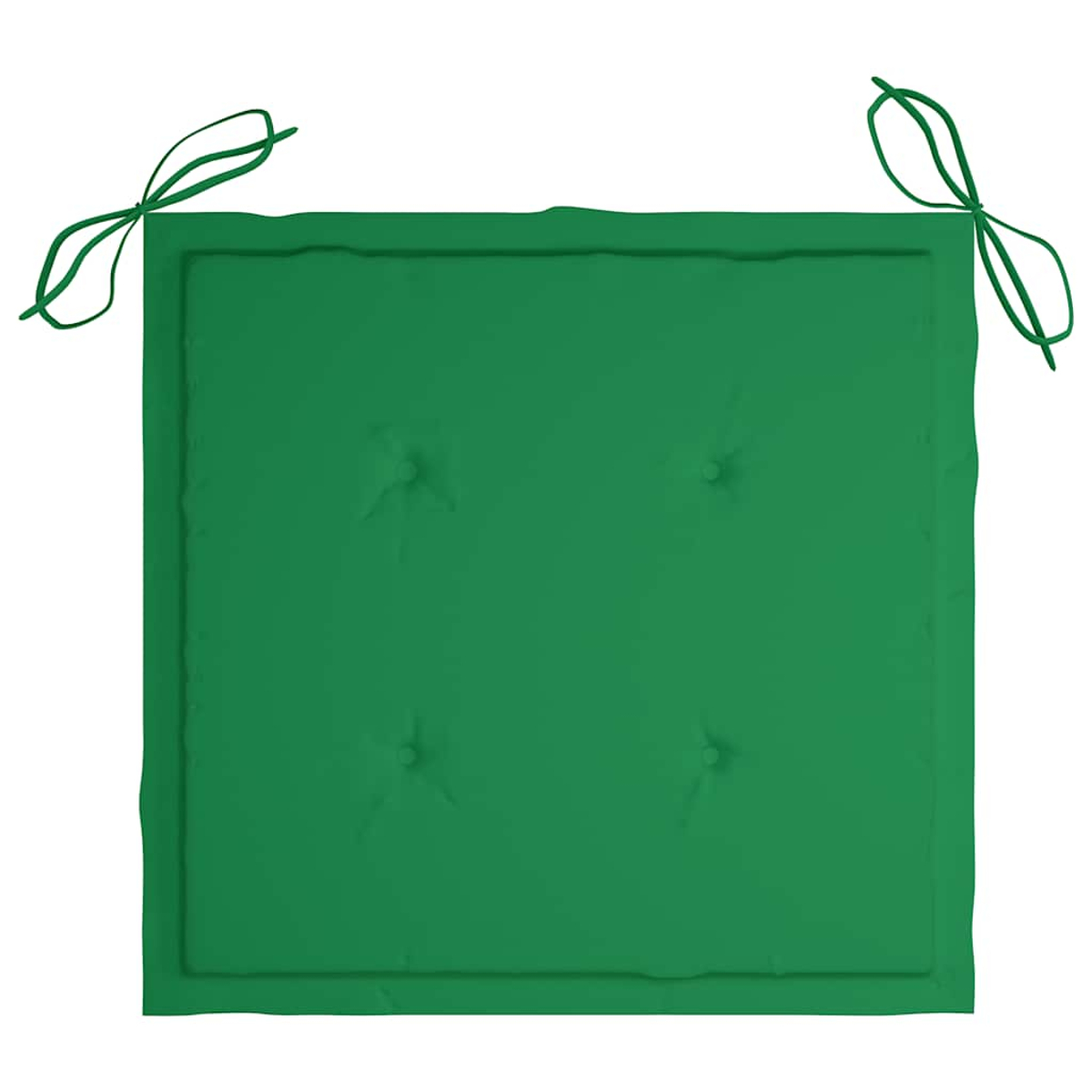 Ein quadratisches, grünes Sitzkissen mit vier Tufting-Knöpfen und Bändern an den oberen Ecken.
