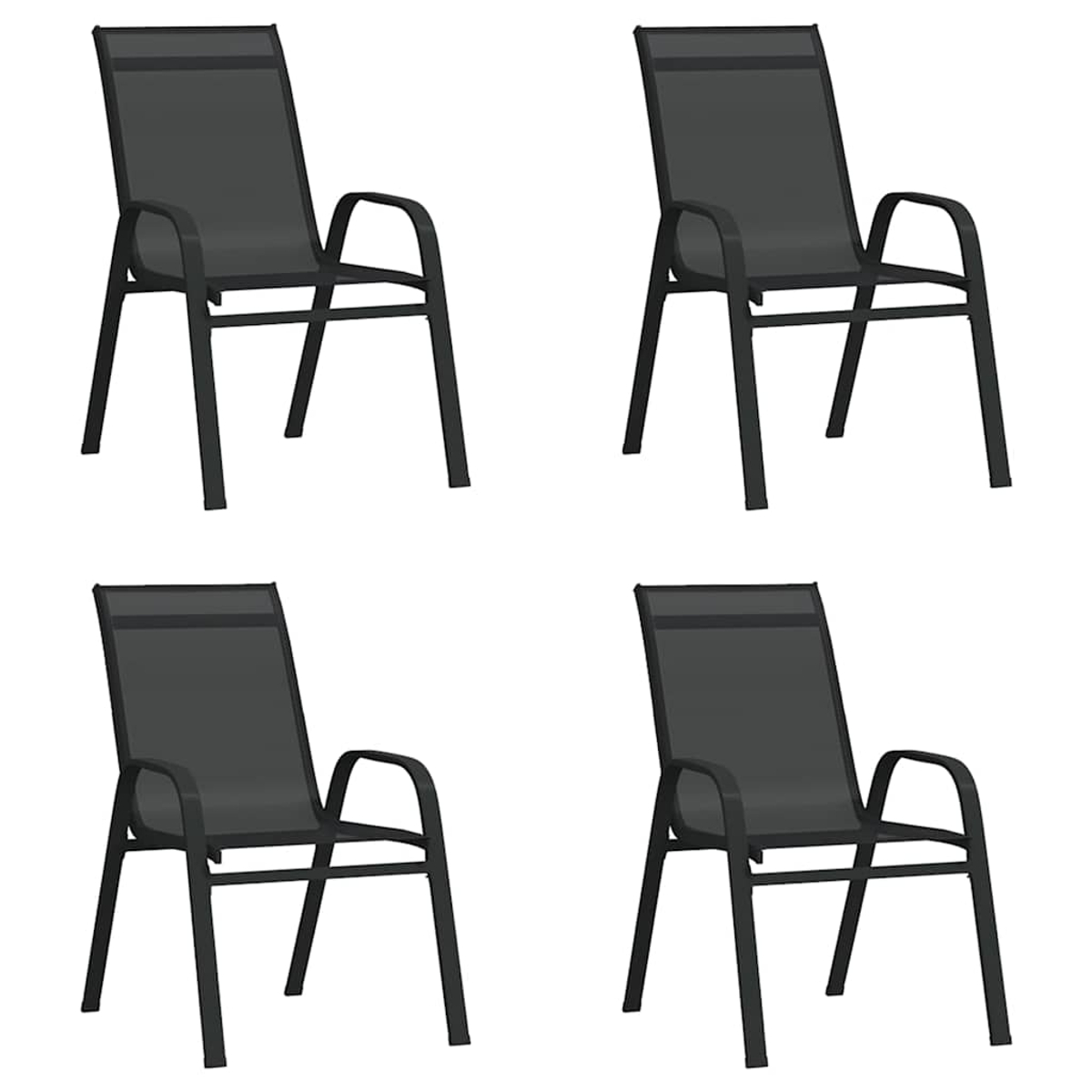 Vier schwarze Gartenstühle mit Metallgestell und Textilbespannung auf weißem Hintergrund.