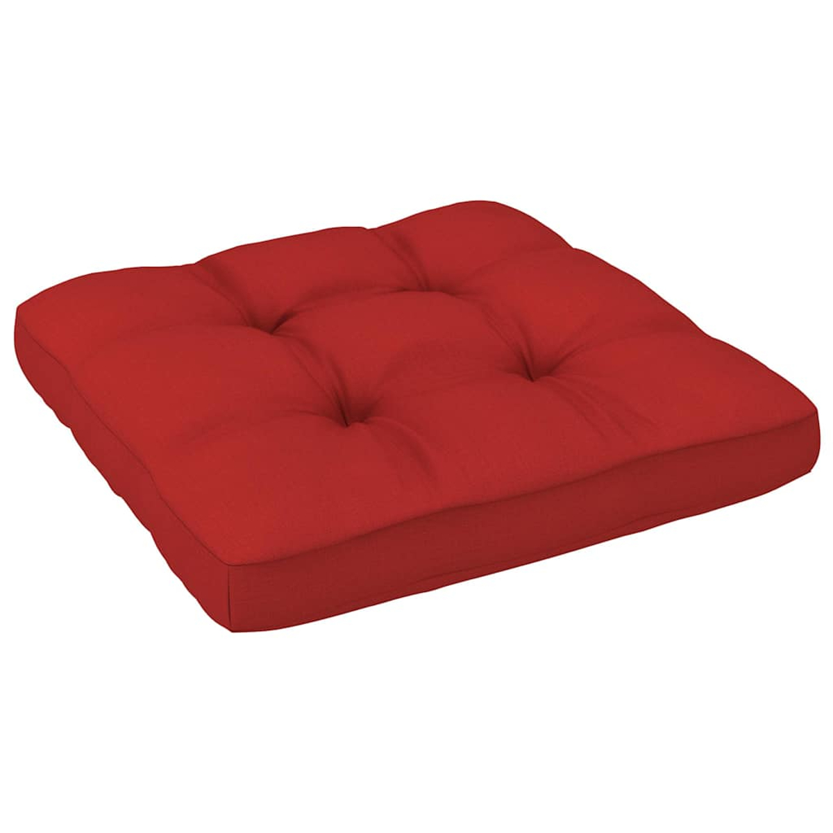 Ein quadratisches, rotes Sitzkissen mit Tufting-Knöpfen auf weißem Hintergrund.