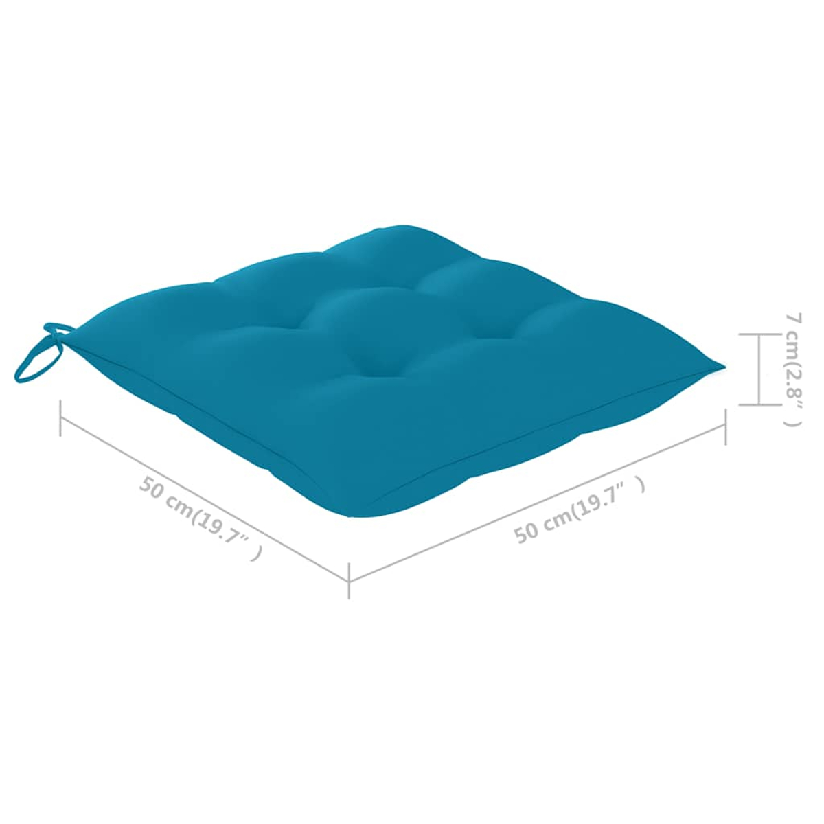 Ein blaues Sitzkissen mit Tufting und Maßen von 50x50x7 cm.