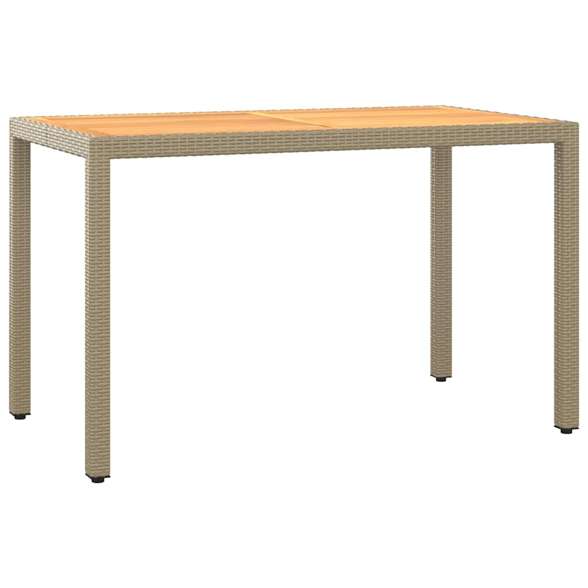 Ein rechteckiger Gartentisch mit gewebtem, beige Rahmen und glatter Holzplatte vor weißem Hintergrund.