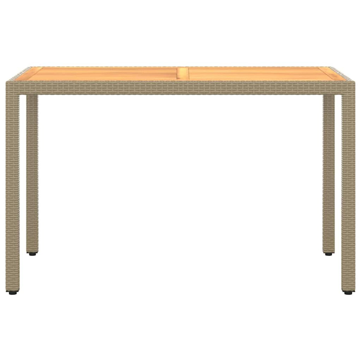 Ein rechteckiger Tisch mit Holztischplatte und beigem Rattan-Gestell vor weißem Hintergrund.