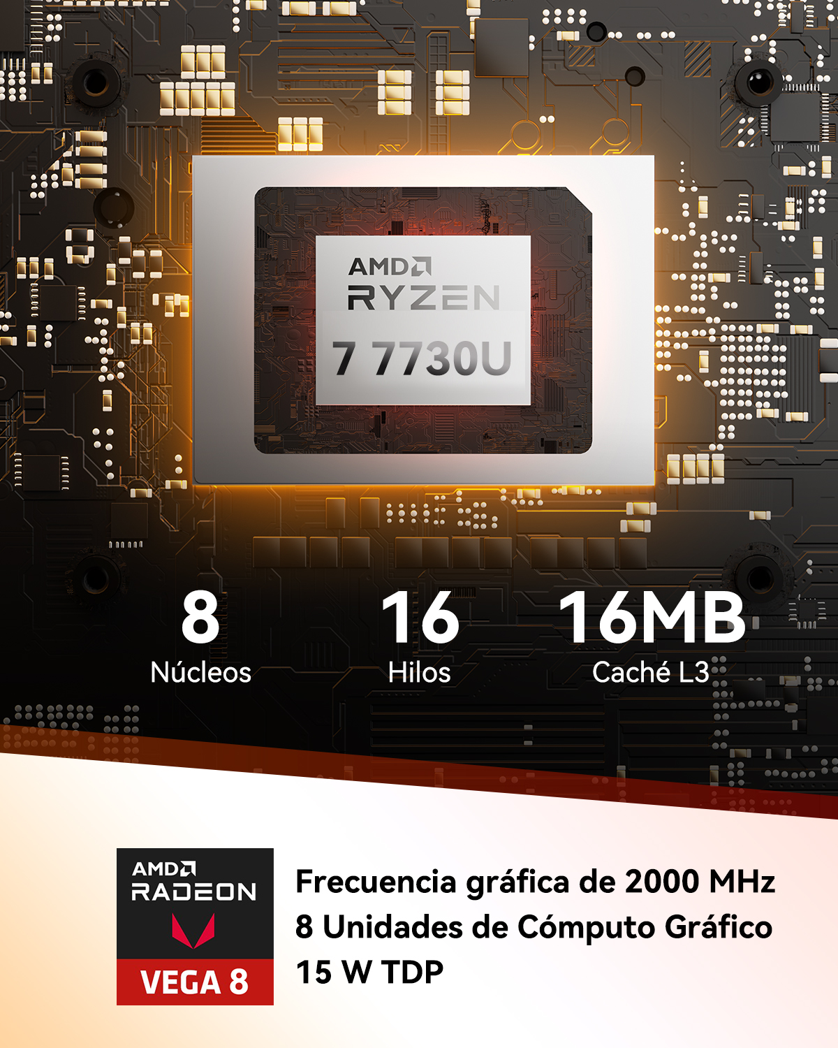 Procesador AMD Ryzen 7 7730U en placa con 8 núcleos, 16 hilos, 16MB caché L3 y gráficos Radeon Vega 8.