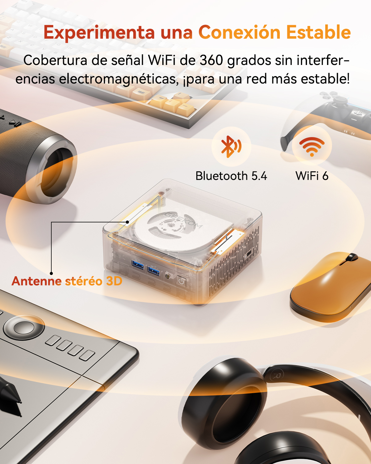 Mini PC en un escritorio con accesorios tecnológicos, Bluetooth 5.4 y WiFi 6.