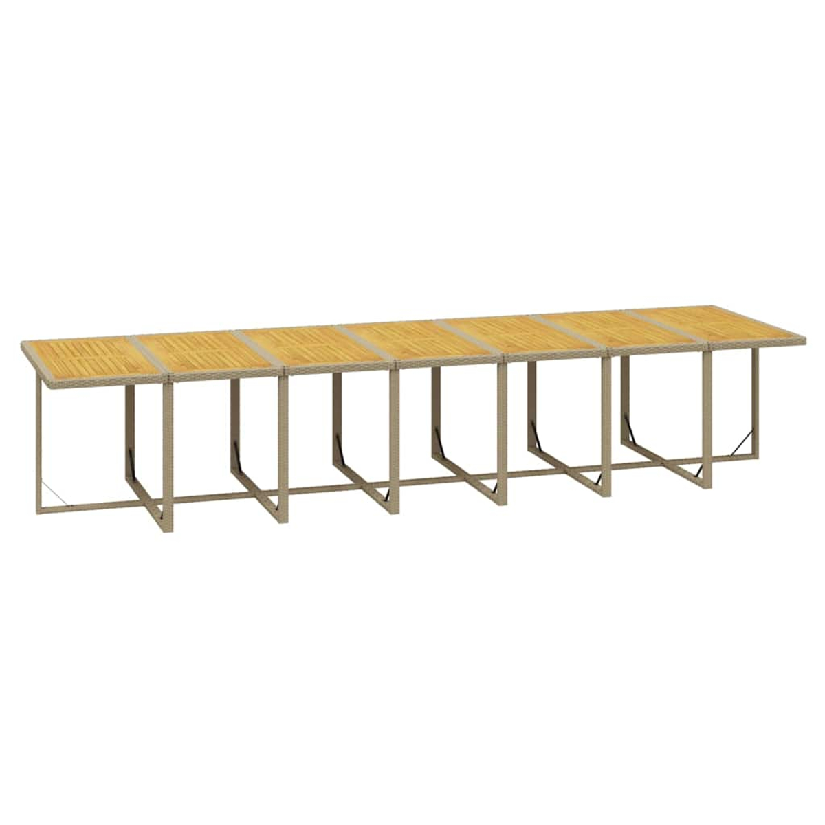 Ein langer, ausziehbarer Gartentisch mit Holzlatte und hellem Rattan-Gestell.