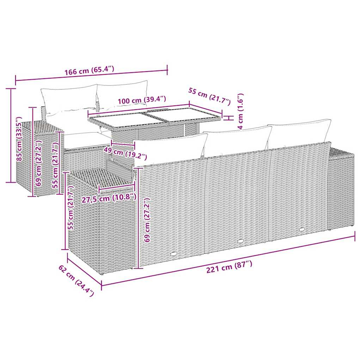 Maßzeichnung eines Rattan-Gartensofas mit Tisch und Kissen.
