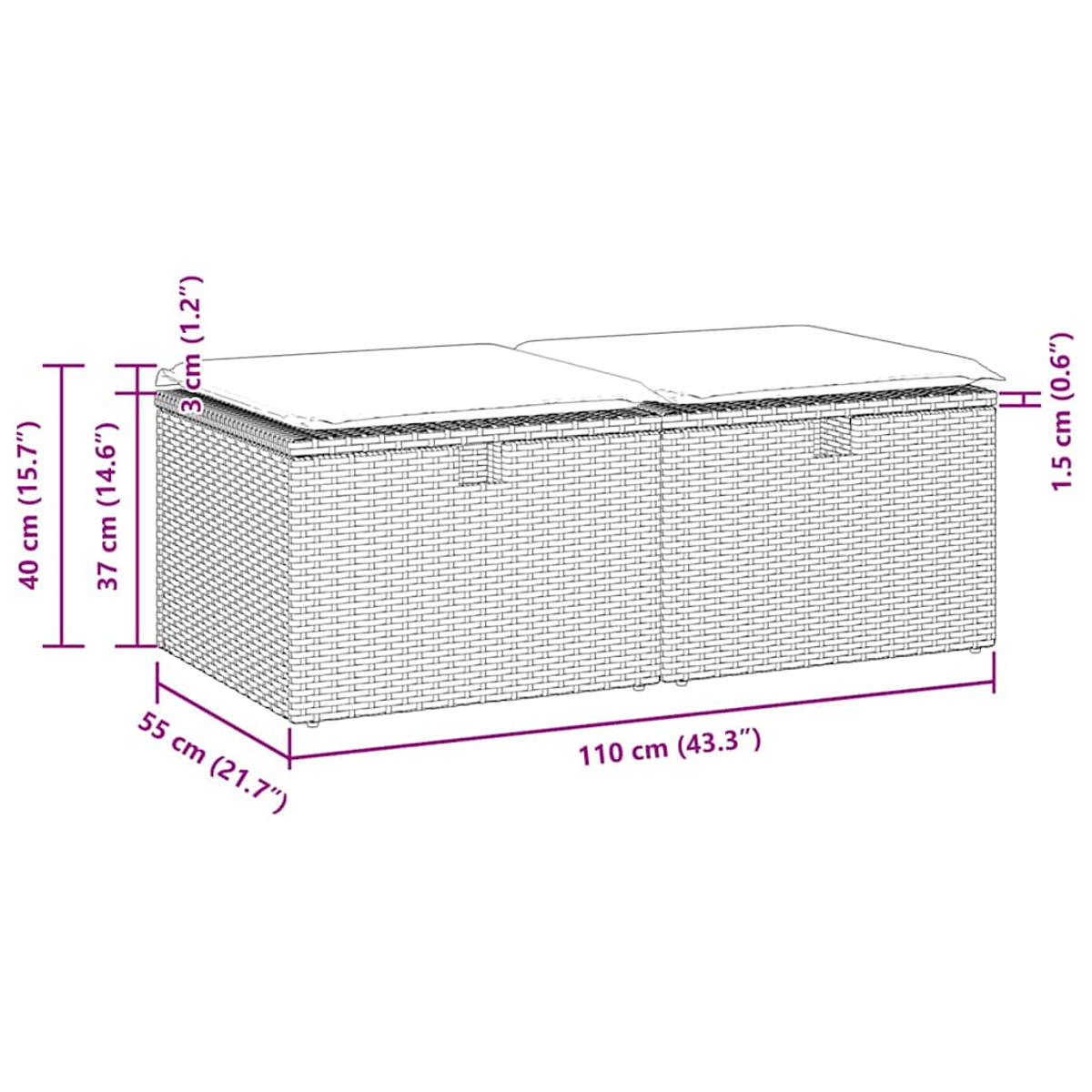Technische Zeichnung einer rechteckigen Rattan-Aufbewahrungsbox mit zwei Kissen und Maßangaben.