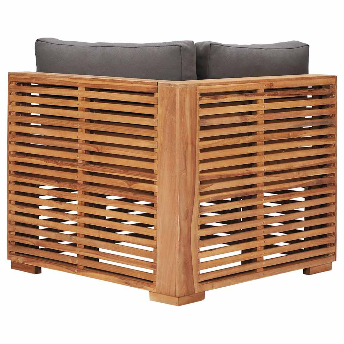 Rückansicht eines Holzsofas mit horizontalen Lamellen und dunkelgrauen Kissen.