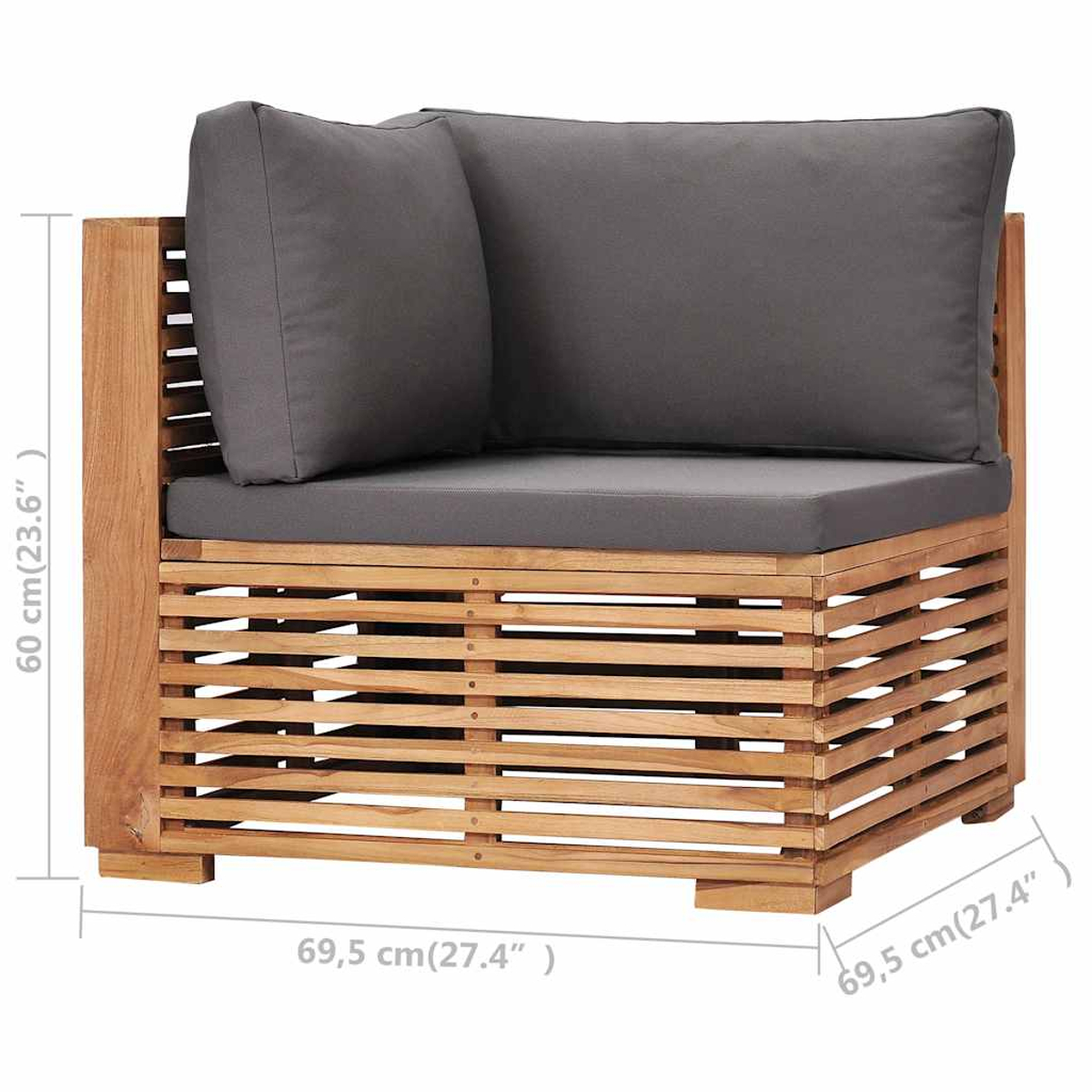 Wasserdichtes Ecksofa aus Teakholz mit grauen Kissen und Maßen von 69,5 x 69,5 x 60 cm.