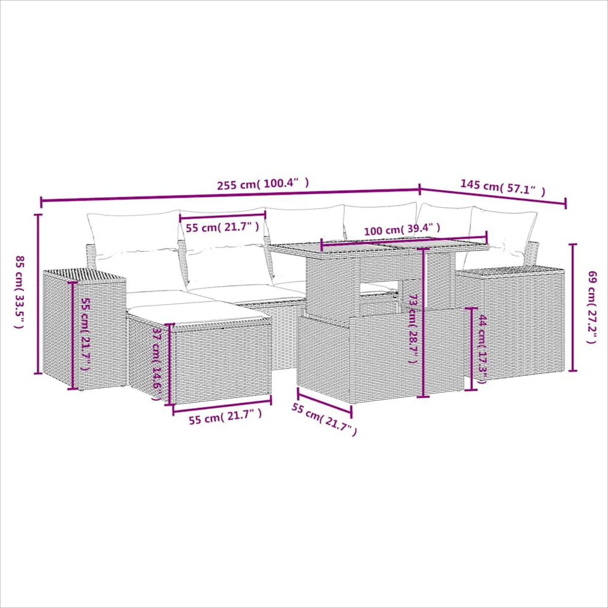 Maßzeichnung einer Rattan-Ecklounge mit Tisch und Kissen, Gesamtabmessungen angegeben.