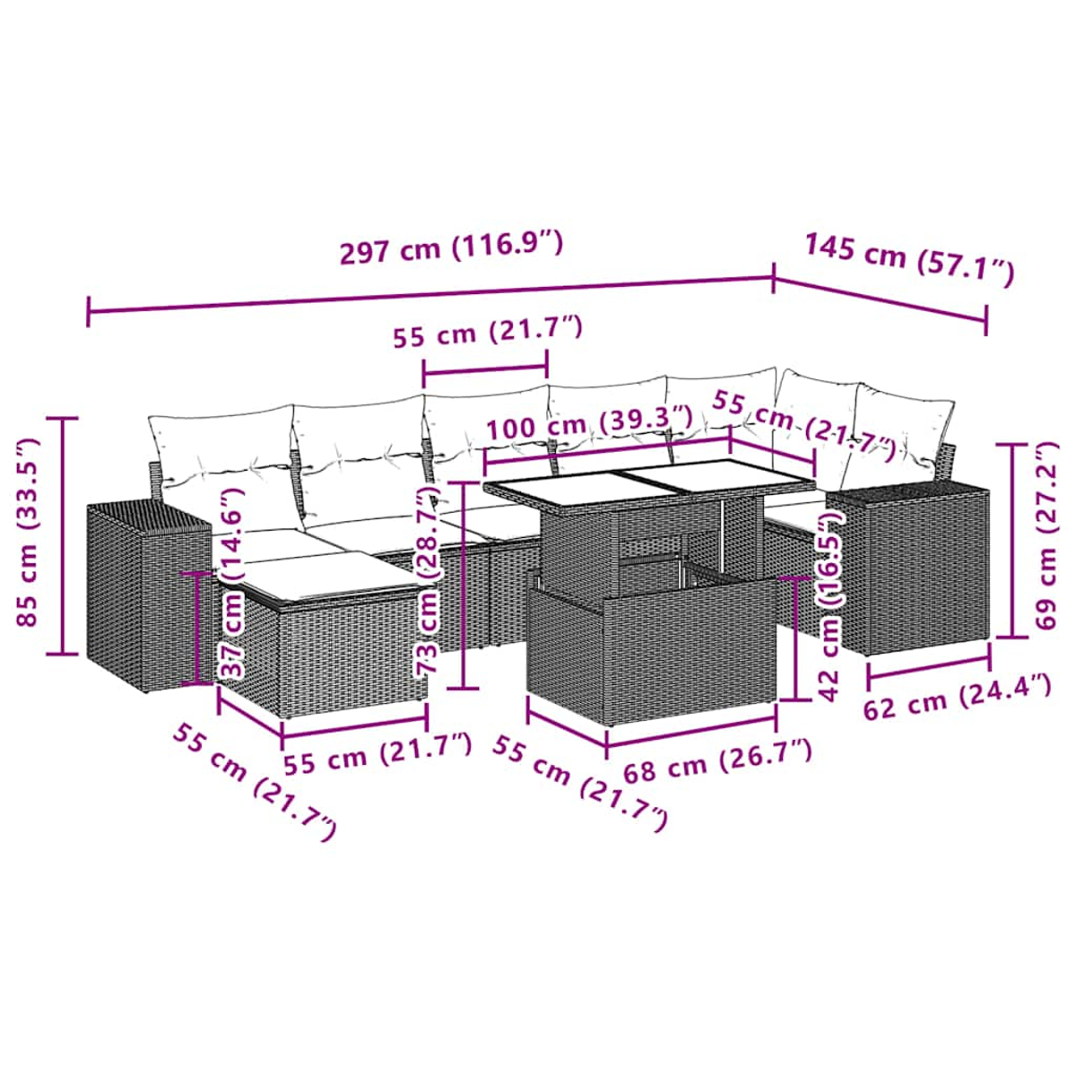 Diagramm zeigt Maße eines Rattan-Gartensofas mit Tisch und Kissen.
