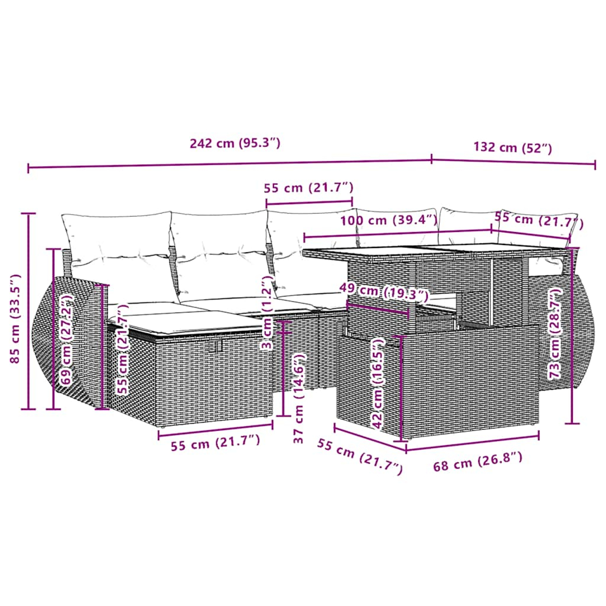 Diagramm einer Rattan-Gartenlounge mit Maßen in Zentimetern und Zoll.