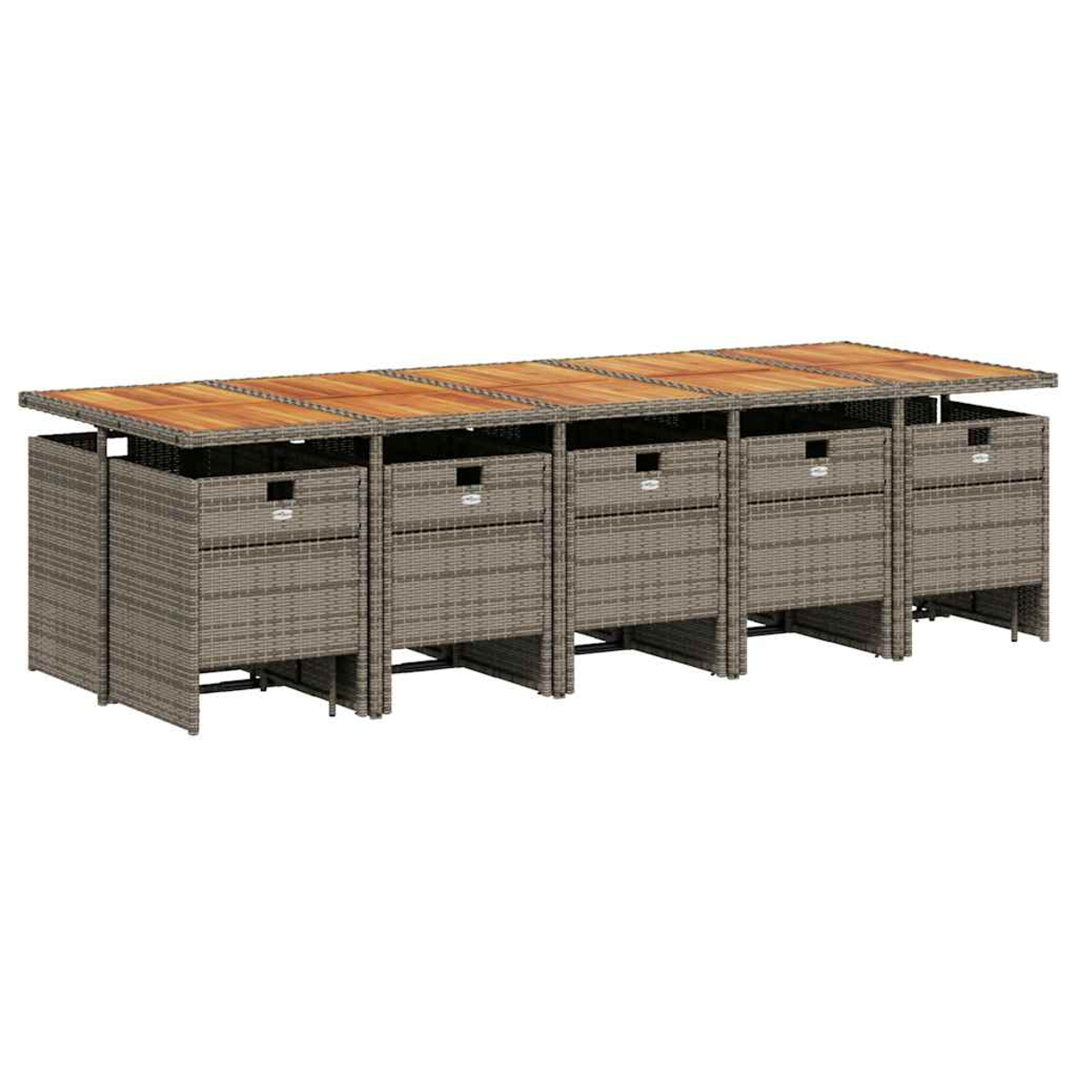 Ein langer Gartentisch mit grauem Rattangeflecht und Holztischplatte, kombiniert mit passenden Hockern darunter.