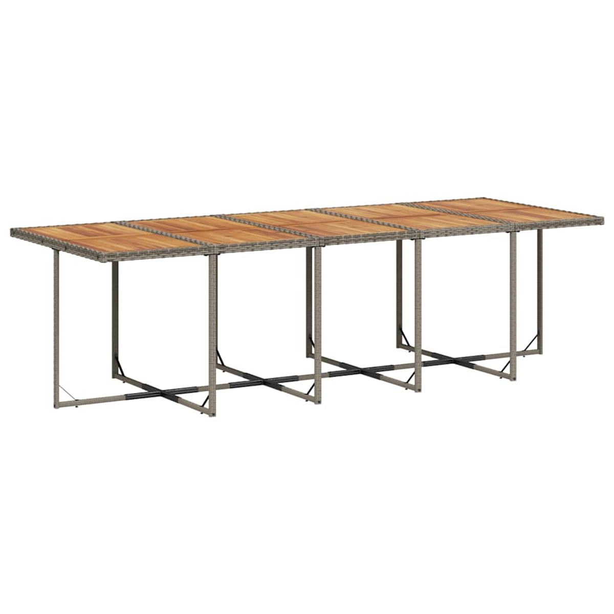 Ein langer Gartentisch mit Holzplatte und grauem Rattangestell, gestützt durch Metallbeine mit Querstreben.