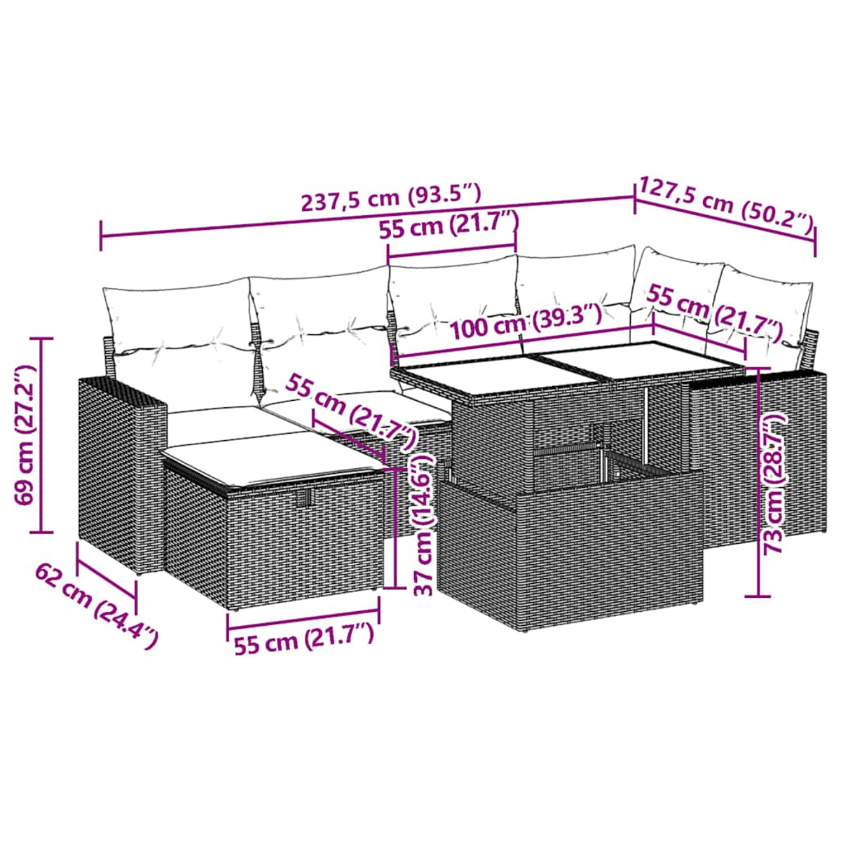 Diagramm mit den Maßen eines modularen Polyrattan-Sofas mit Kissen und Tisch.