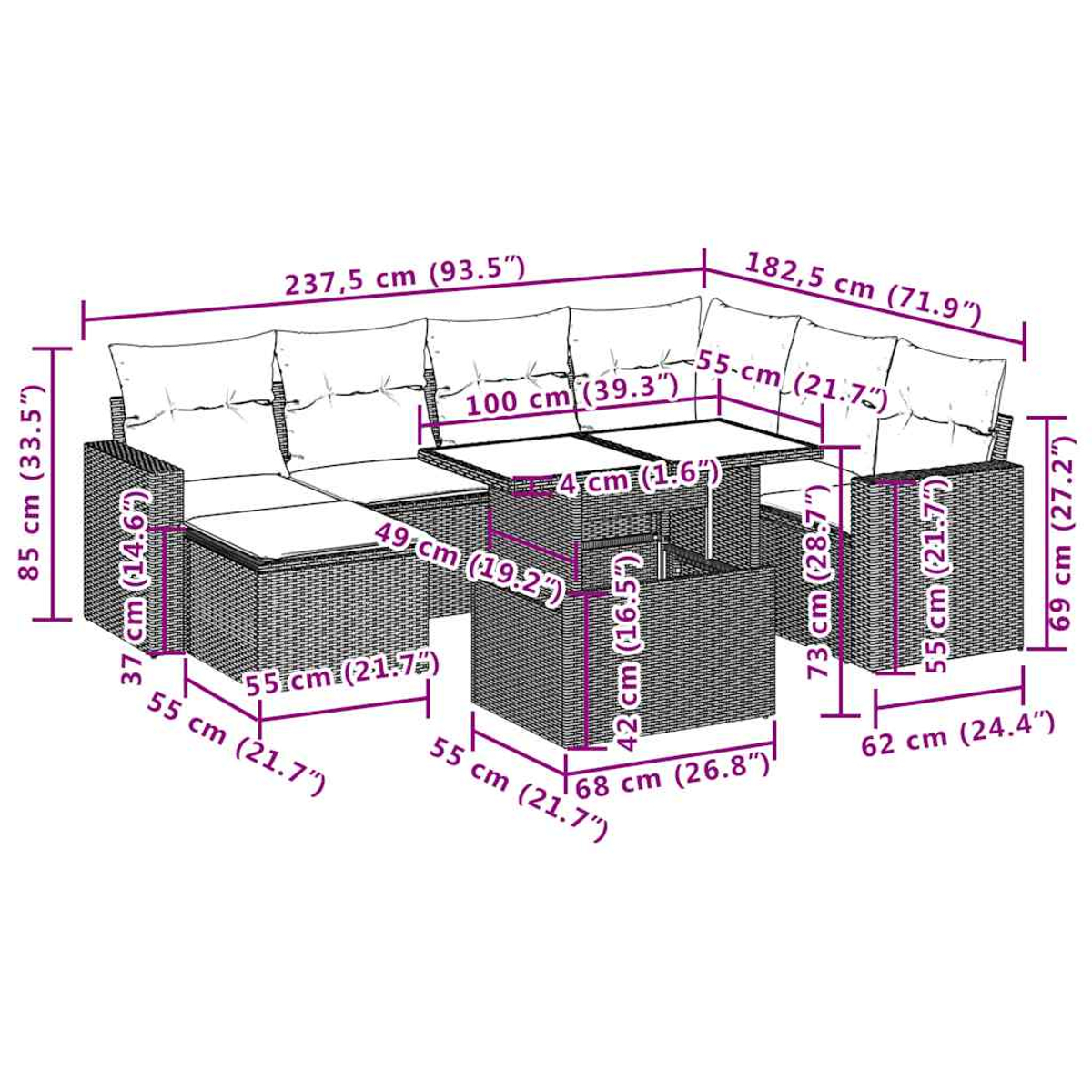 Diagramm mit Maßen einer braunen Polyrattan-Gartenlounge mit Tisch und Kissen.