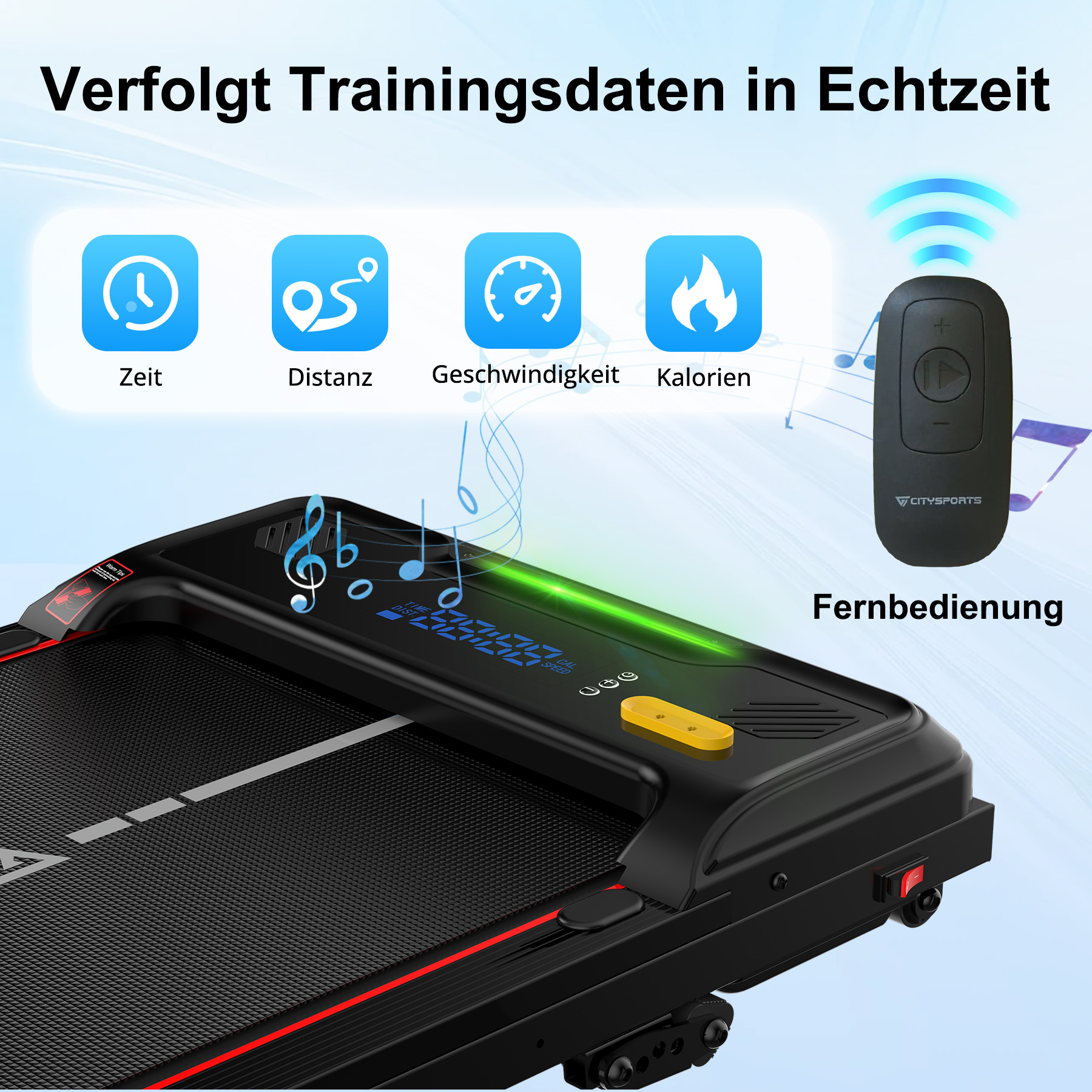 Ein schwarzes Laufband mit digitalem Display, Fernbedienung und Symbolen für Zeit, Distanz, Geschwindigkeit und Kalorien.