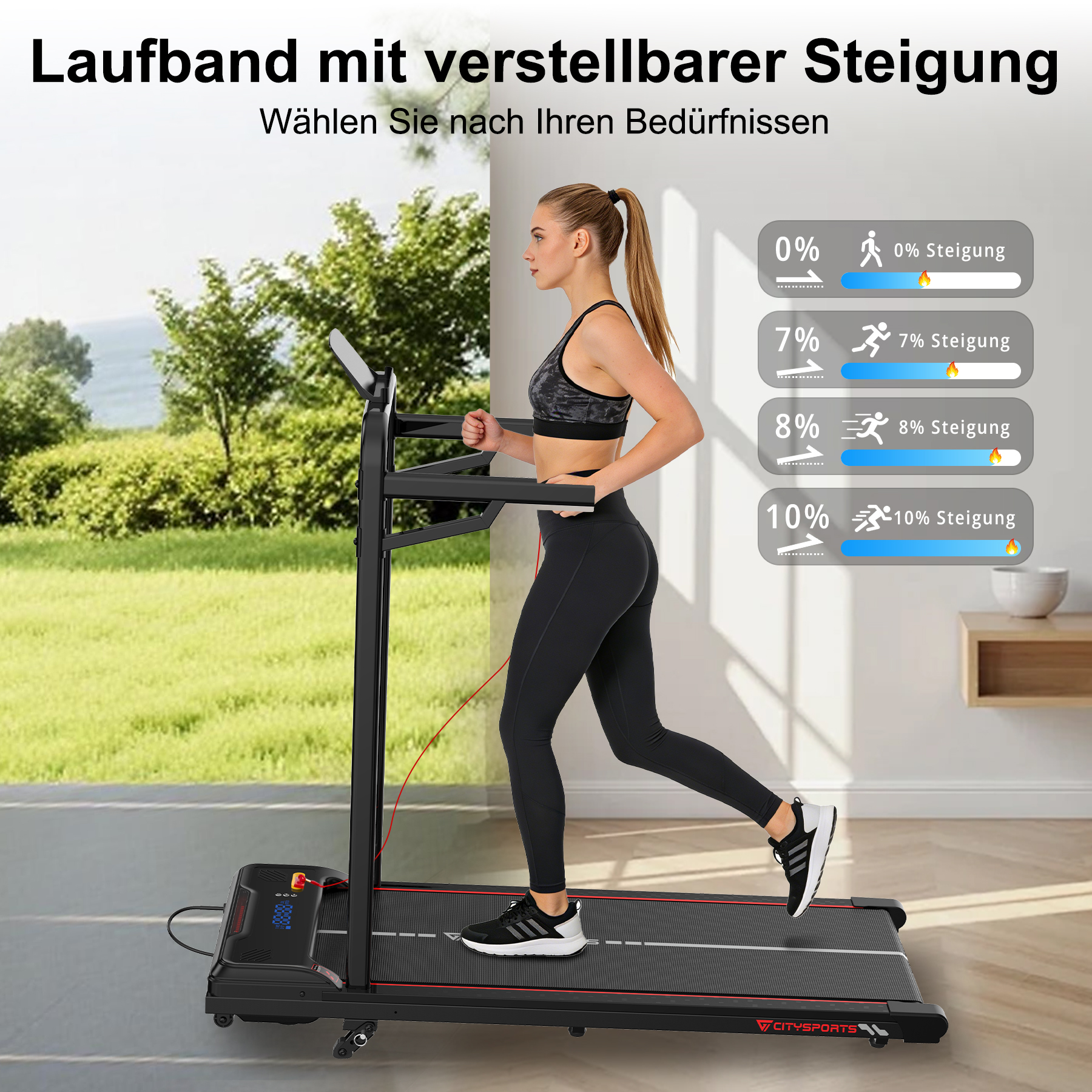 Eine Frau läuft auf einem schwarzen Laufband mit anpassbaren Steigungen vor einer großen Fensterfront.