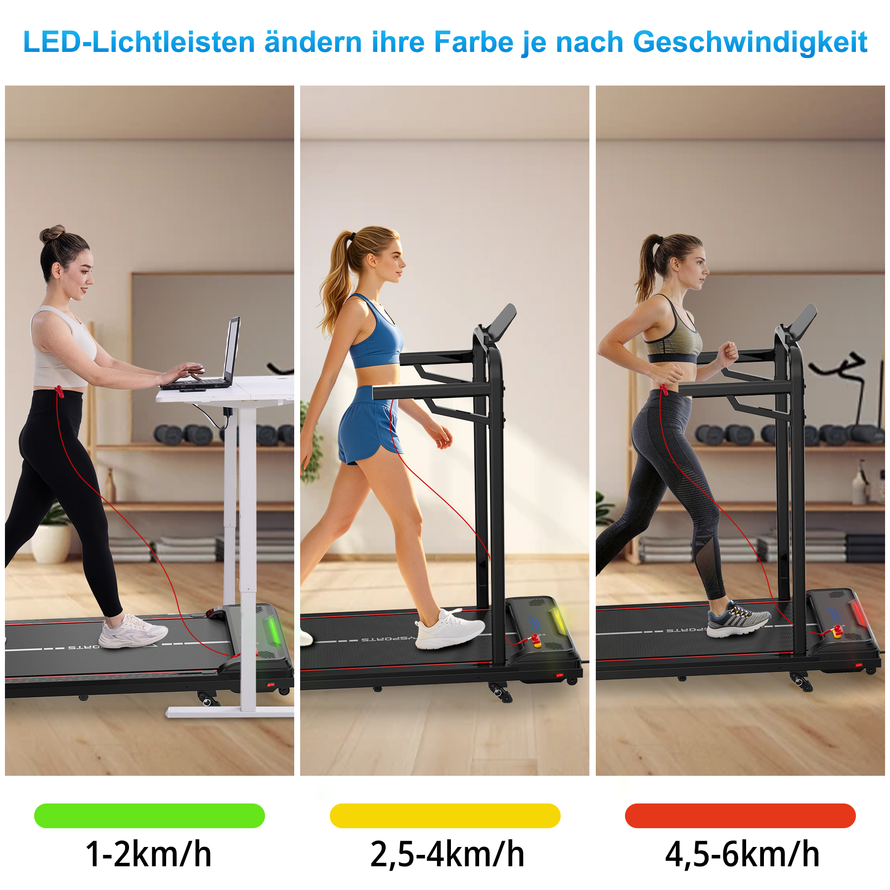 Eine Frau nutzt ein Laufband mit LED-Lichtern, die je nach Geschwindigkeit die Farbe wechseln.
