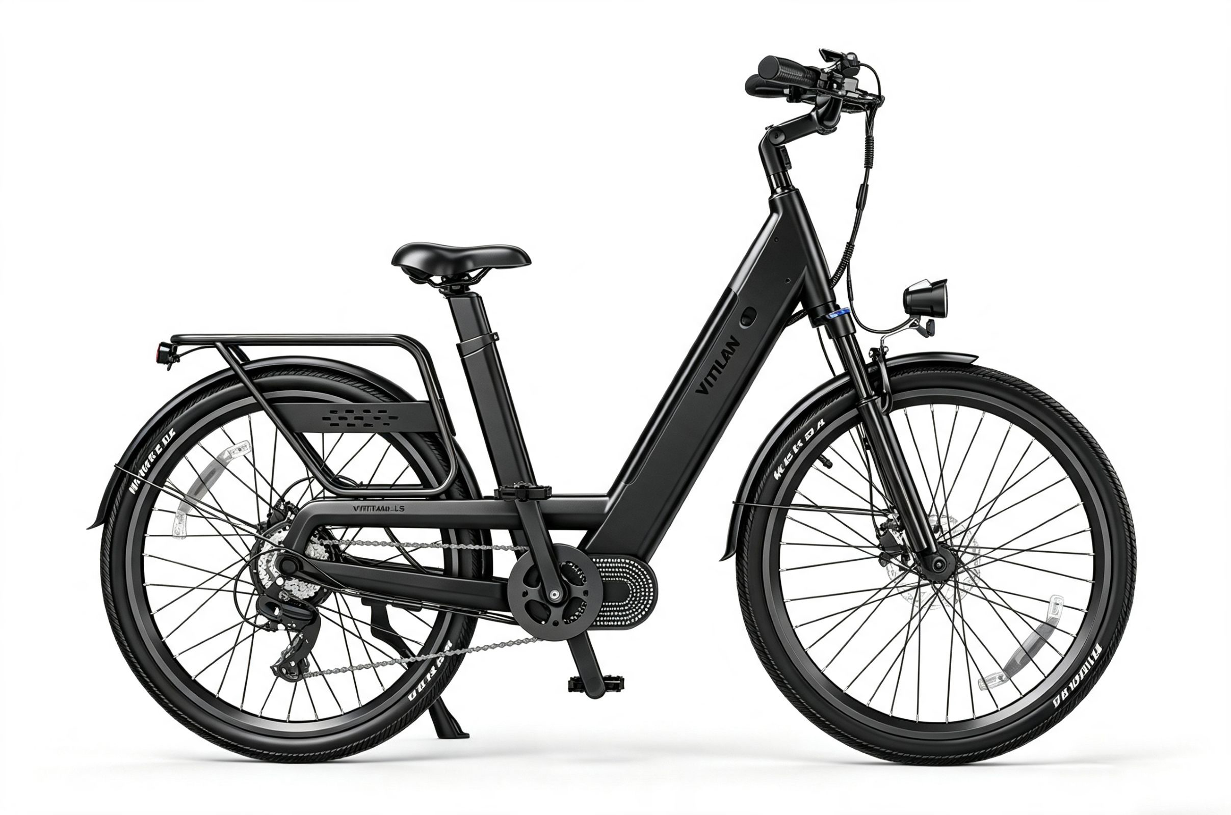 Una bicicleta eléctrica urbana negra con cuadro bajo, parrilla trasera y luz delantera sobre fondo blanco.