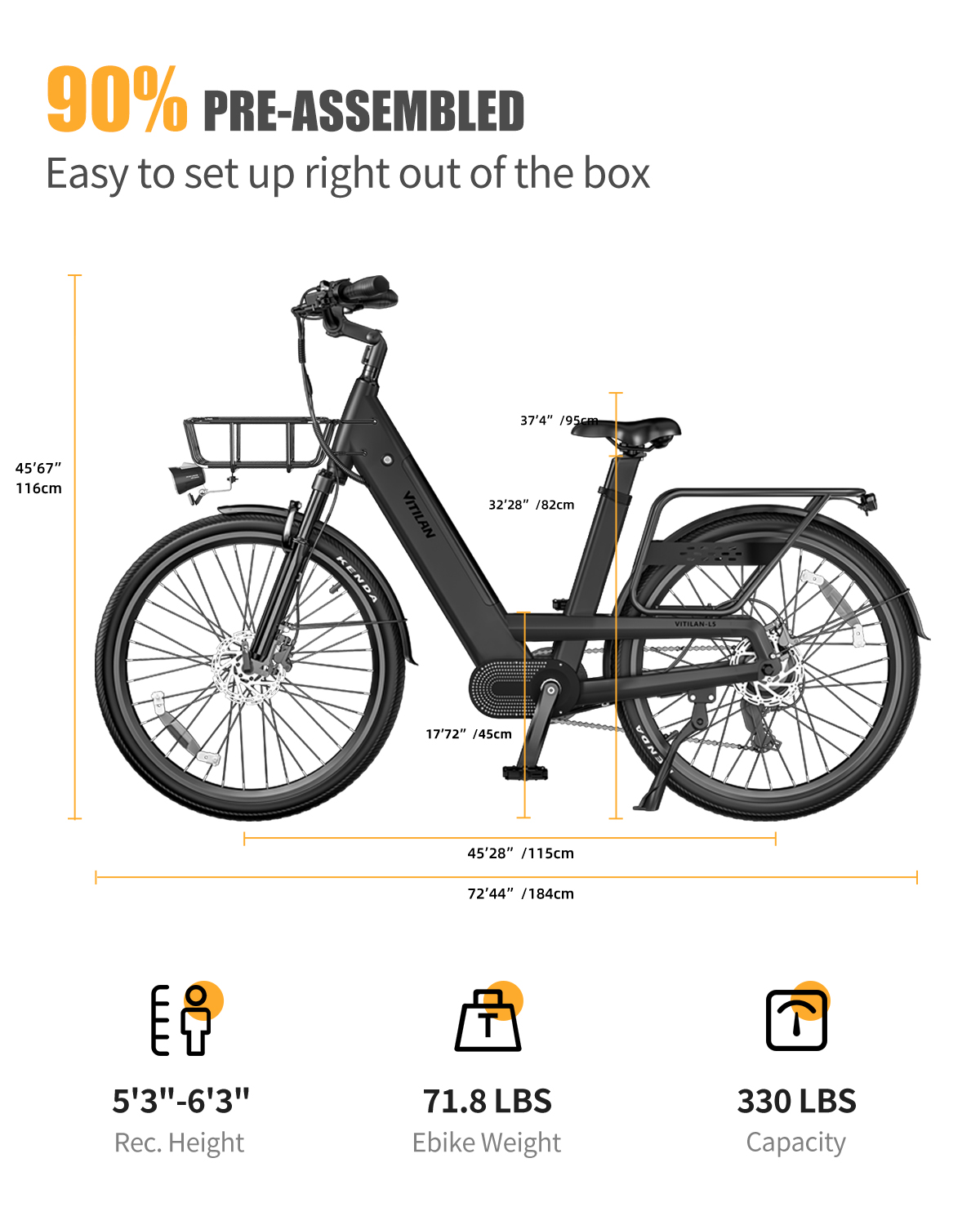 Bicicleta eléctrica negra con cesta delantera, portaequipajes y medidas. Texto: 90% premontada.