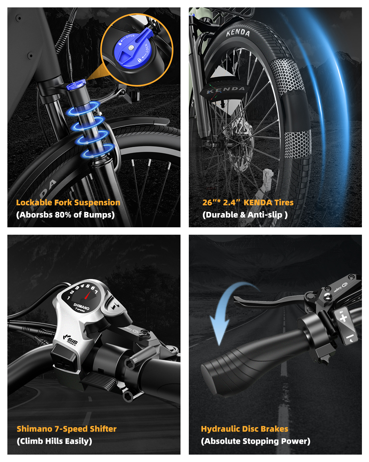 Características de la e-bike: horquilla de suspensión, neumáticos Kenda, cambio Shimano y frenos.