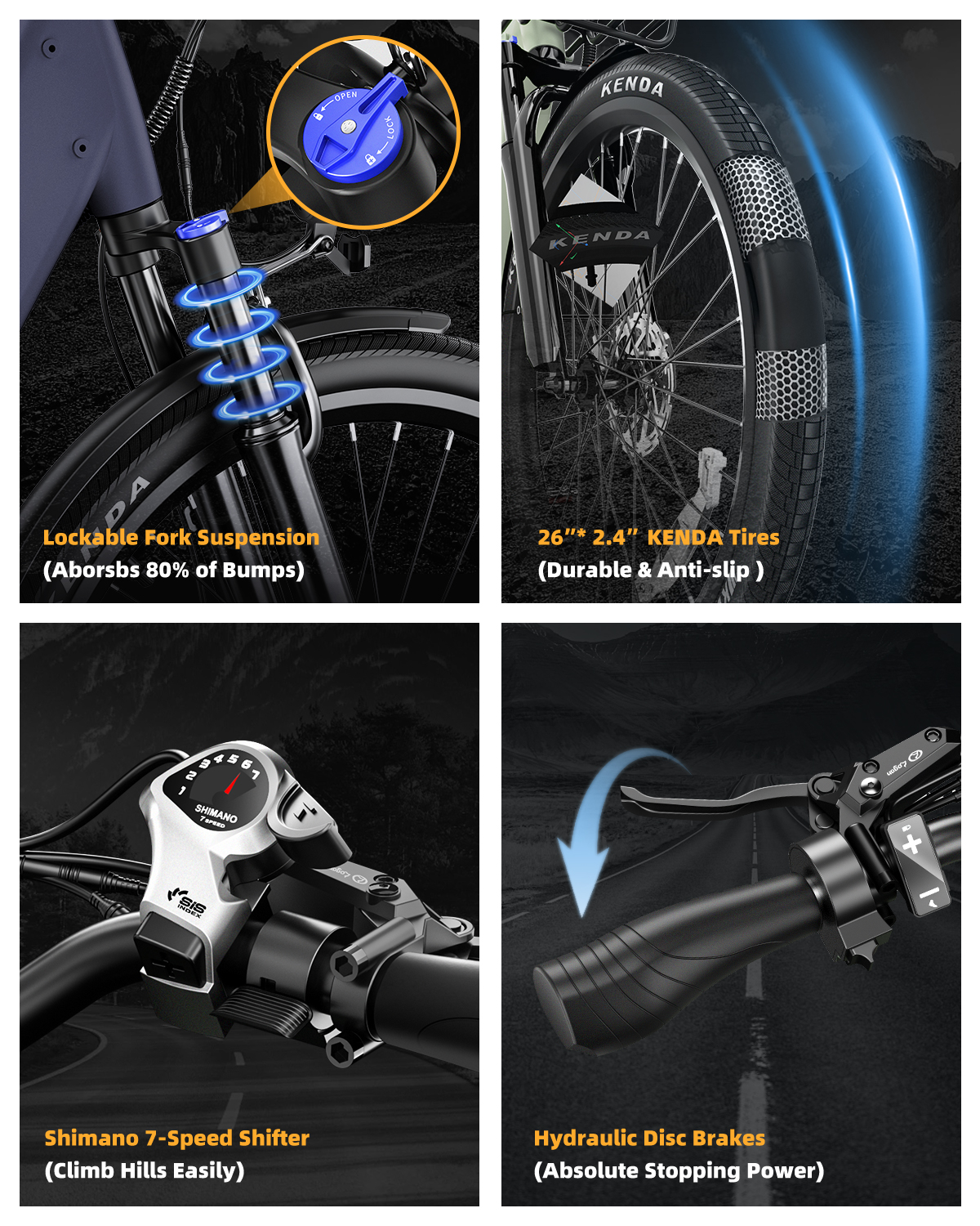 Cuatro imágenes muestran piezas de e-bike: suspensión, neumáticos Kenda, cambio Shimano y frenos de disco.
