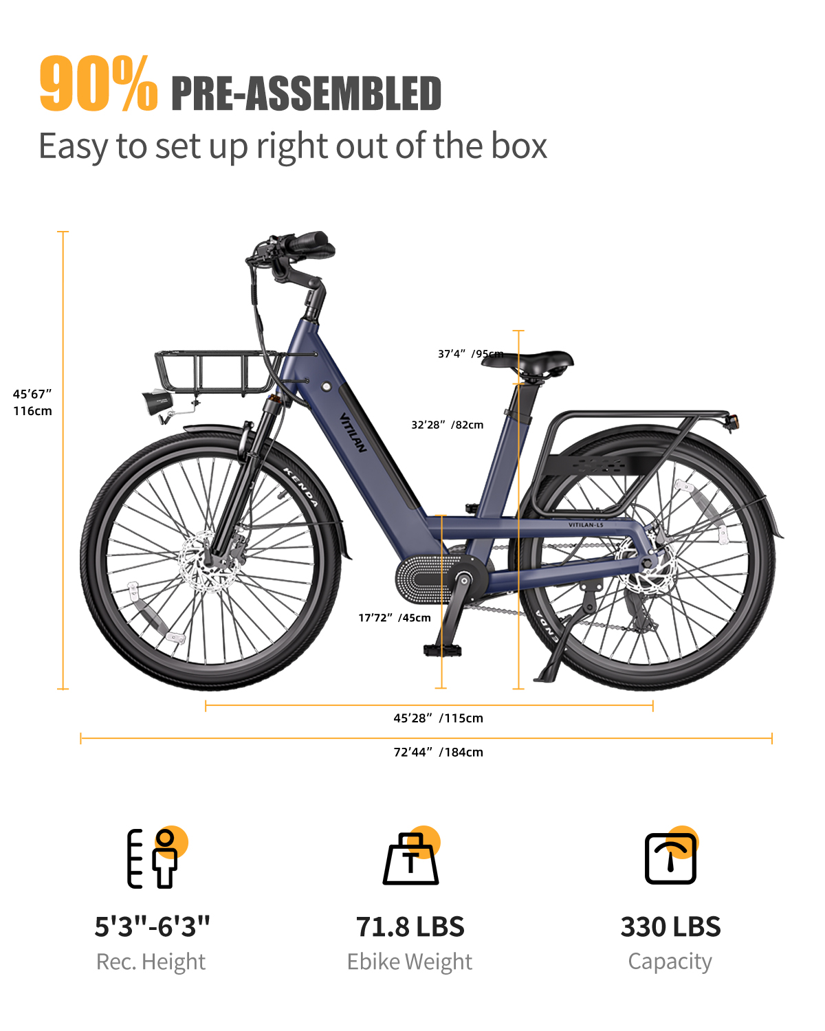 Diagrama de una bicicleta eléctrica azul con cesta y portaequipajes, con medidas de altura y peso.