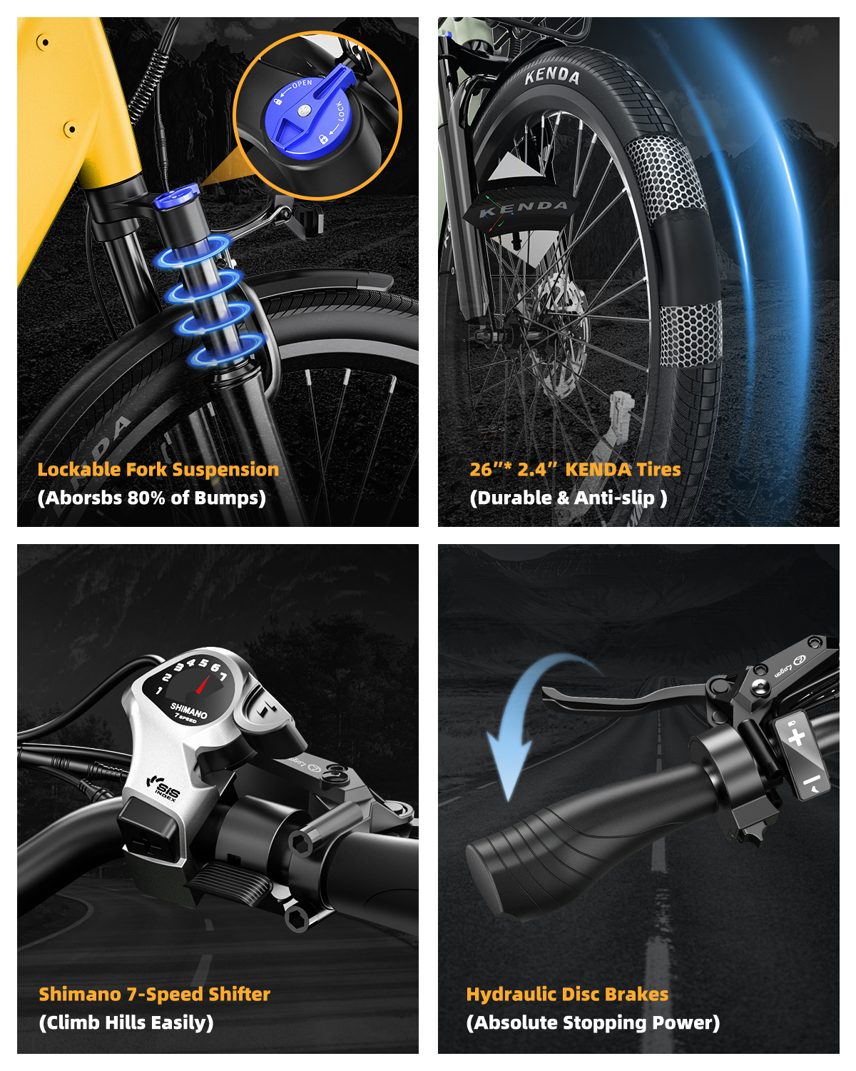 Cuatro paneles muestran partes de e-bike: suspensión, neumáticos, cambio y frenos.