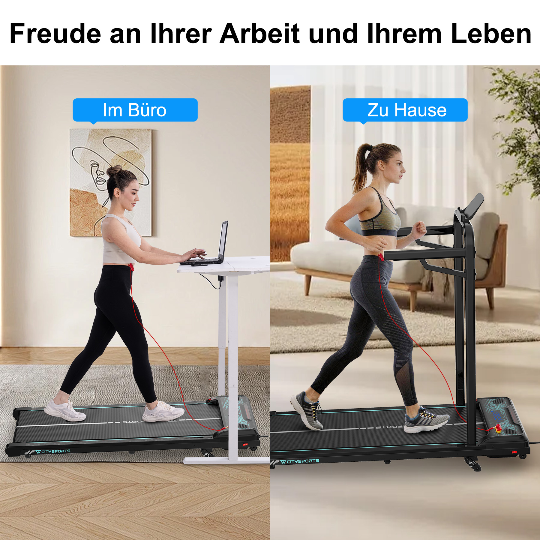 Geteilter Bildschirm zeigt eine Frau am Stehschreibtisch auf einem Laufband und eine Frau auf dem Laufband zu Hause.