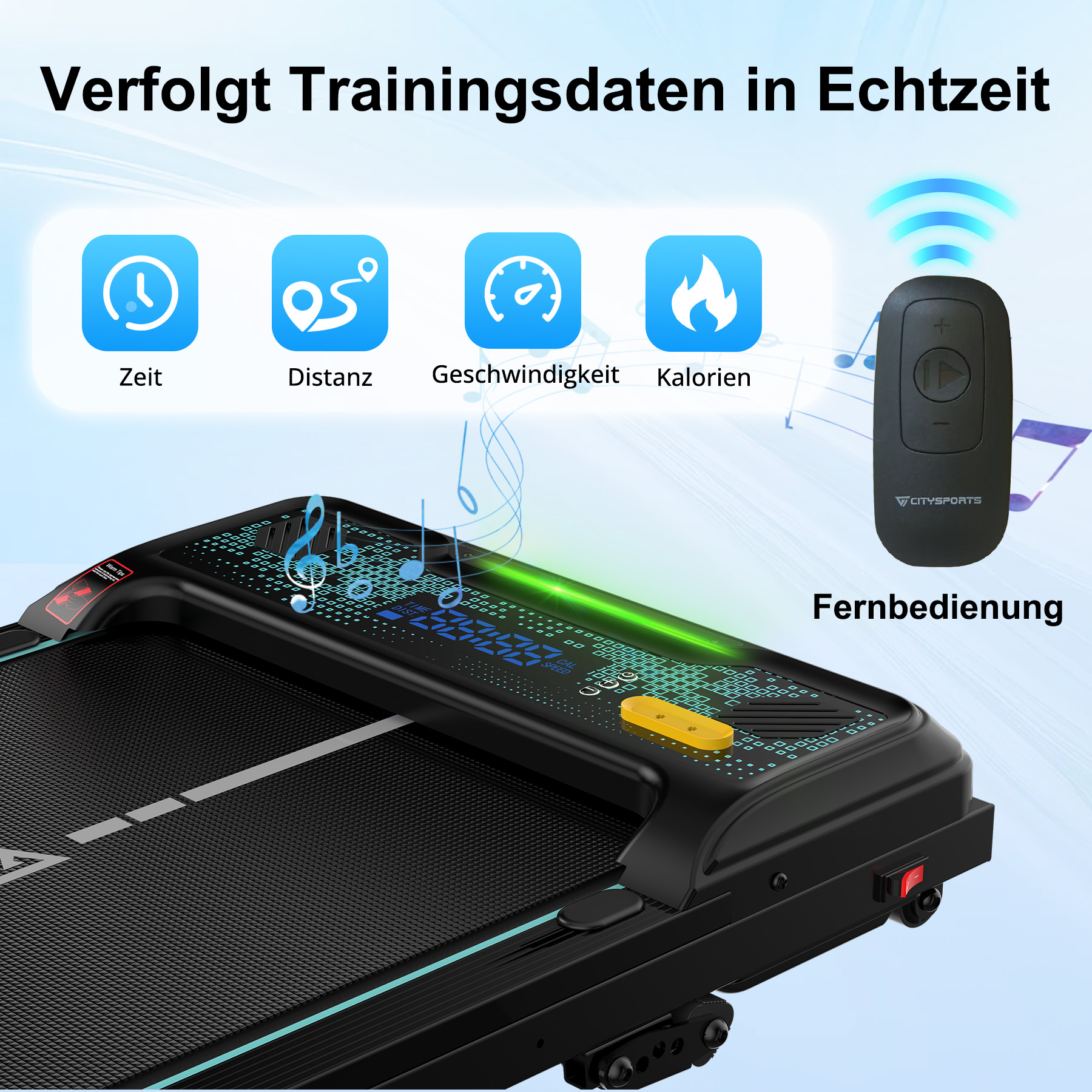 Laufband mit LED-Anzeige, Icons für Zeit, Distanz, Geschwindigkeit, Kalorien und Fernbedienung.
