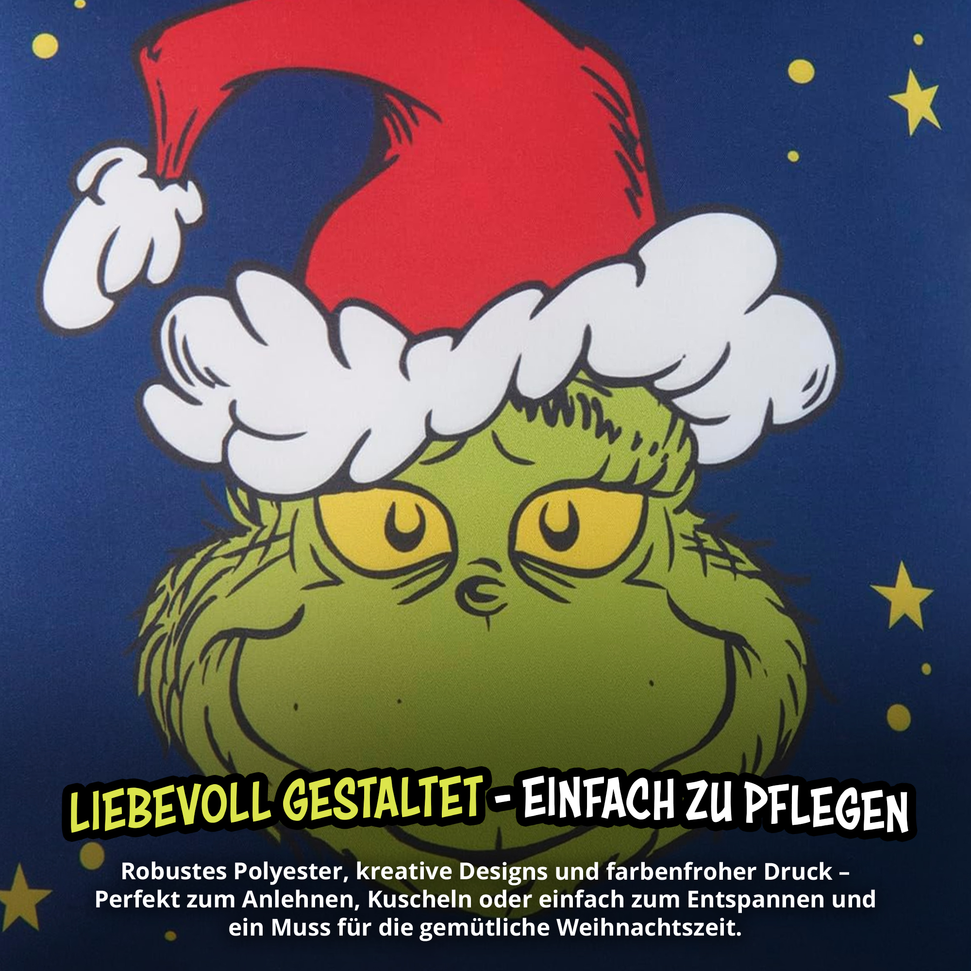 Der Grinch mit Weihnachtsmütze vor blauem Sternenhimmel, unten mit deutschem Werbetext.