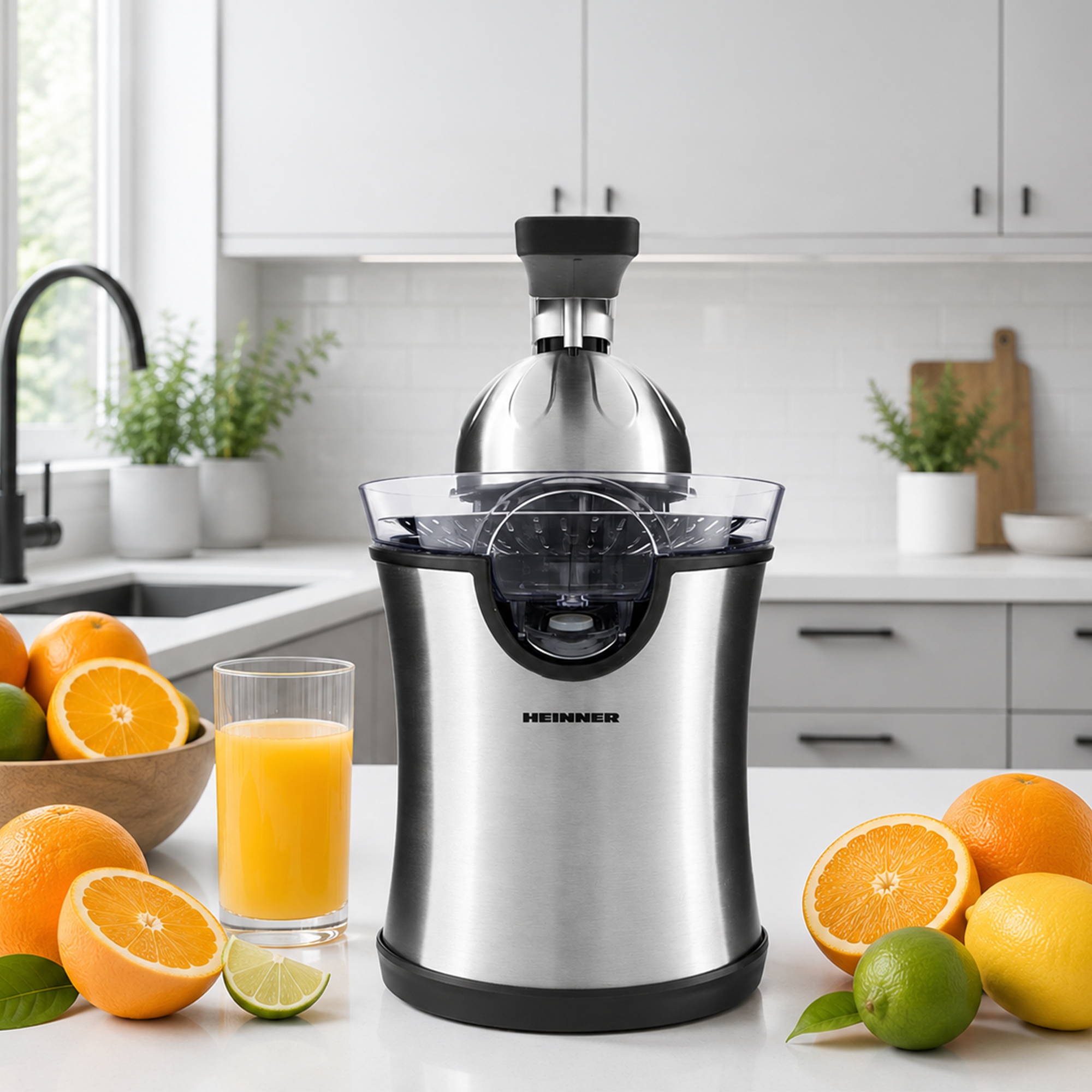 Ein Edelstahl-Slow-Juicer auf einer weißen Küchentheke, umgeben von Orangen, einer Zitrone, Limetten und Saft.