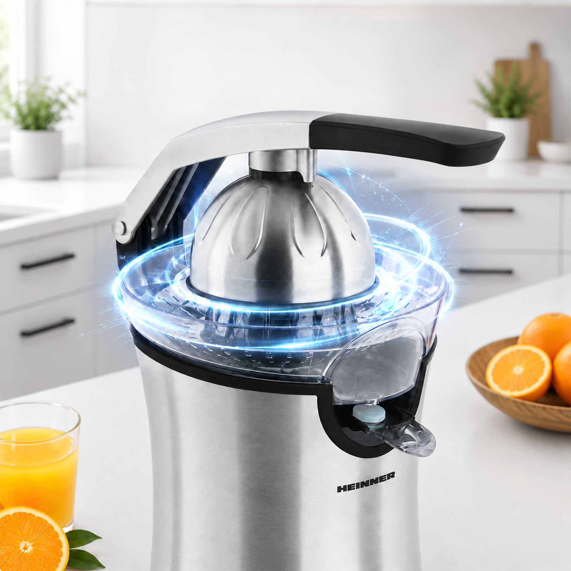 Eine Edelstahl-Entsaftermaschine auf einer weißen Küchenarbeitsplatte, umgeben von frischen Orangen und einem Glas Saft.