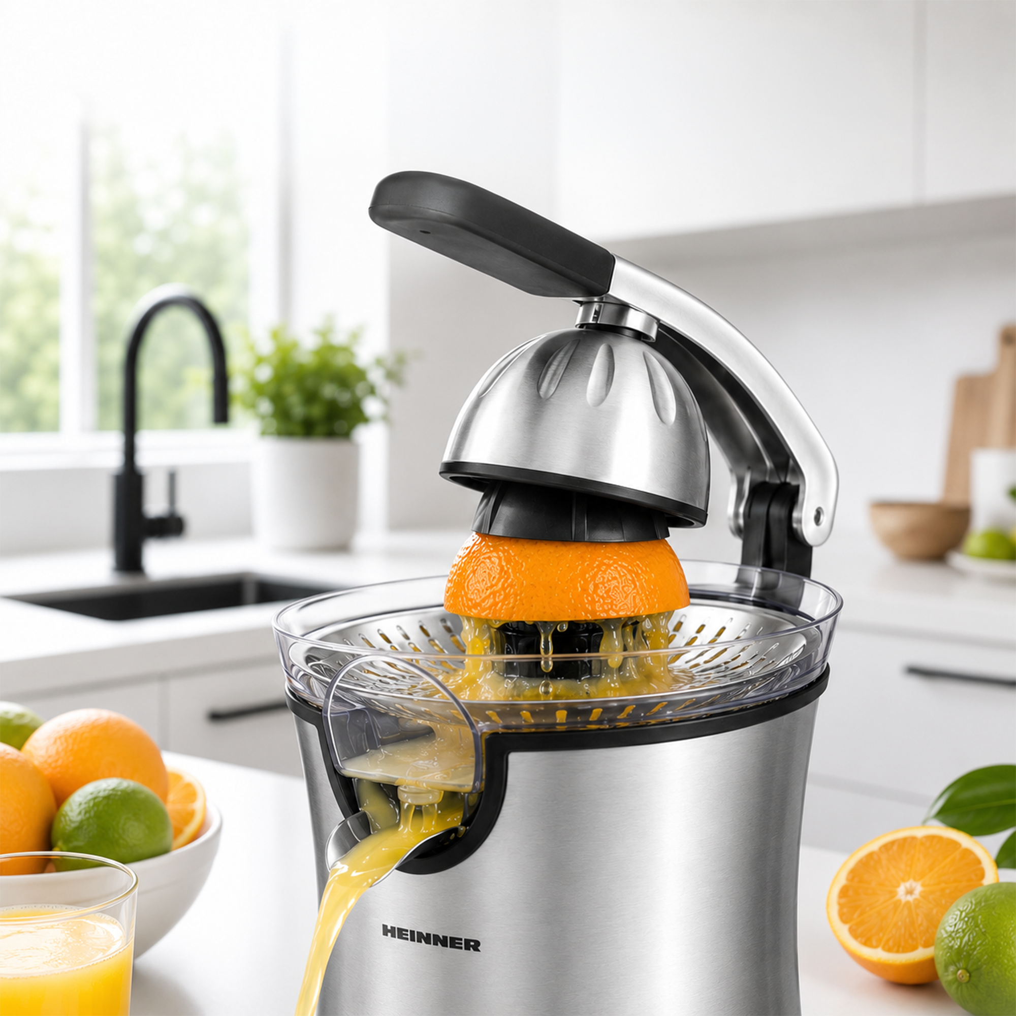 Edelstahl-Zitruspresse presst eine Orange aus, frischer Saft fließt in ein Glas, im Hintergrund eine helle Küche.