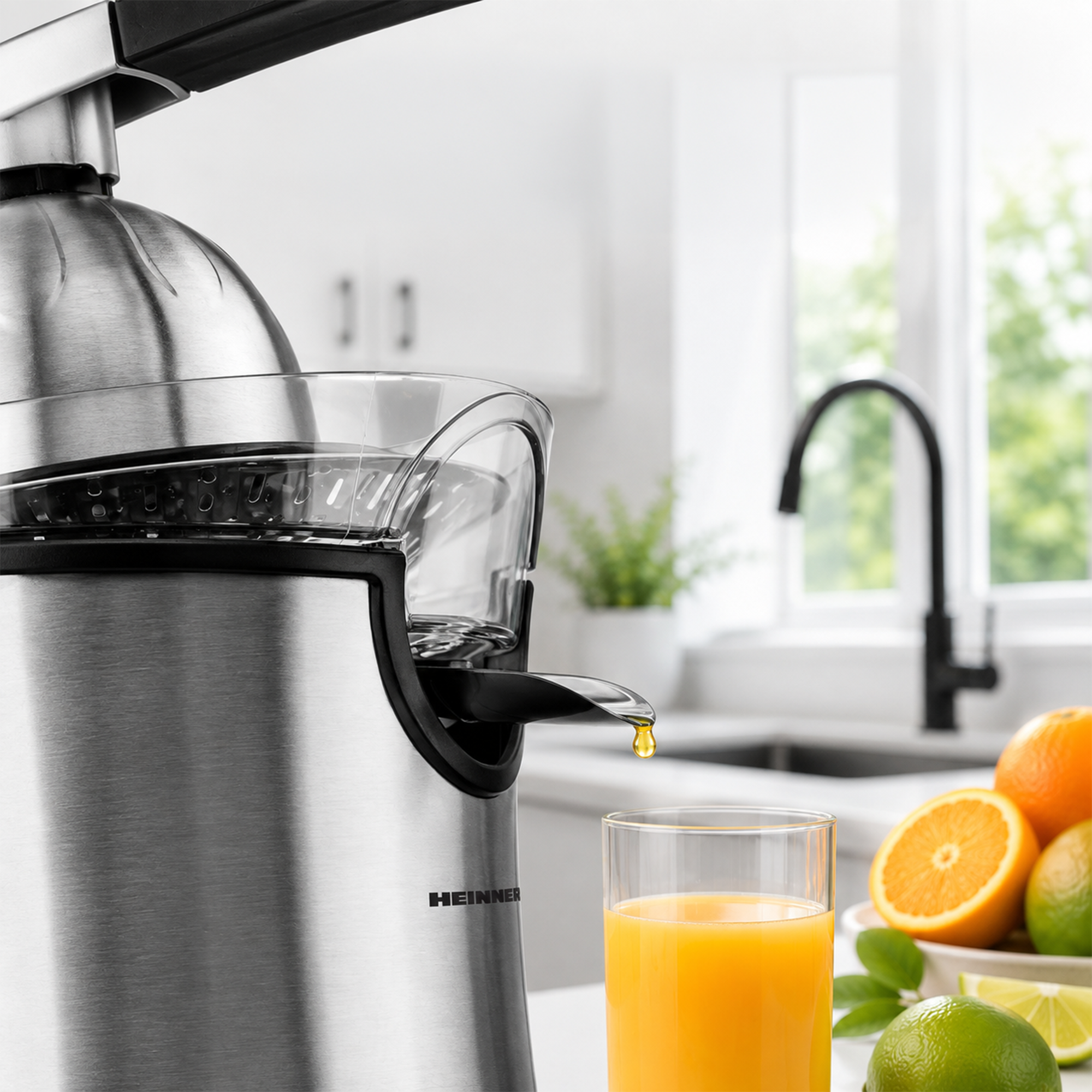 Eine Edelstahl-Zitruspresse tropft frischen Saft in ein Glas, mit ganzen und geschnittenen Früchten.