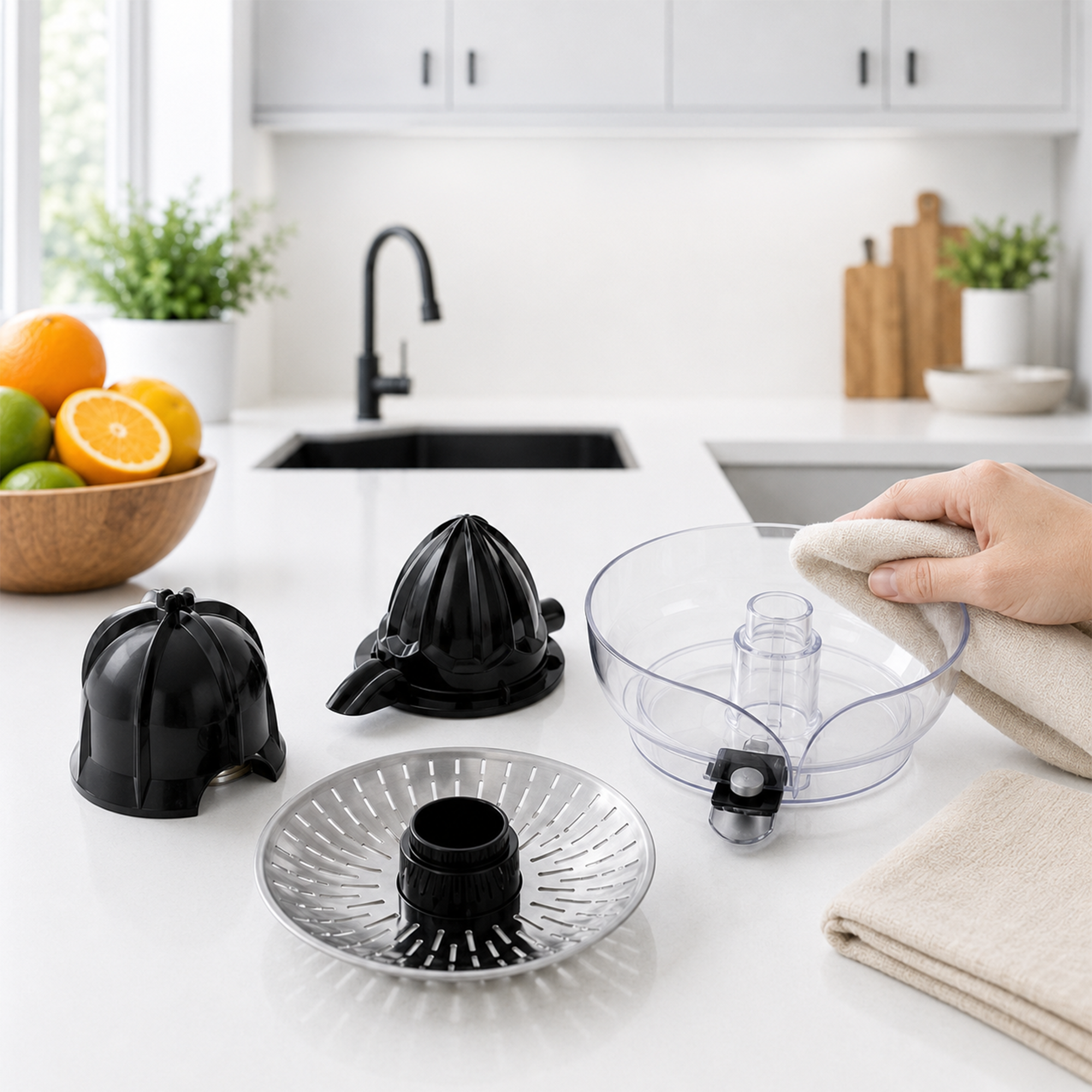 Hand wischt transparentes Juicer-Teil auf weißer Theke ab, daneben schwarze Juicer-Teile und Früchte.