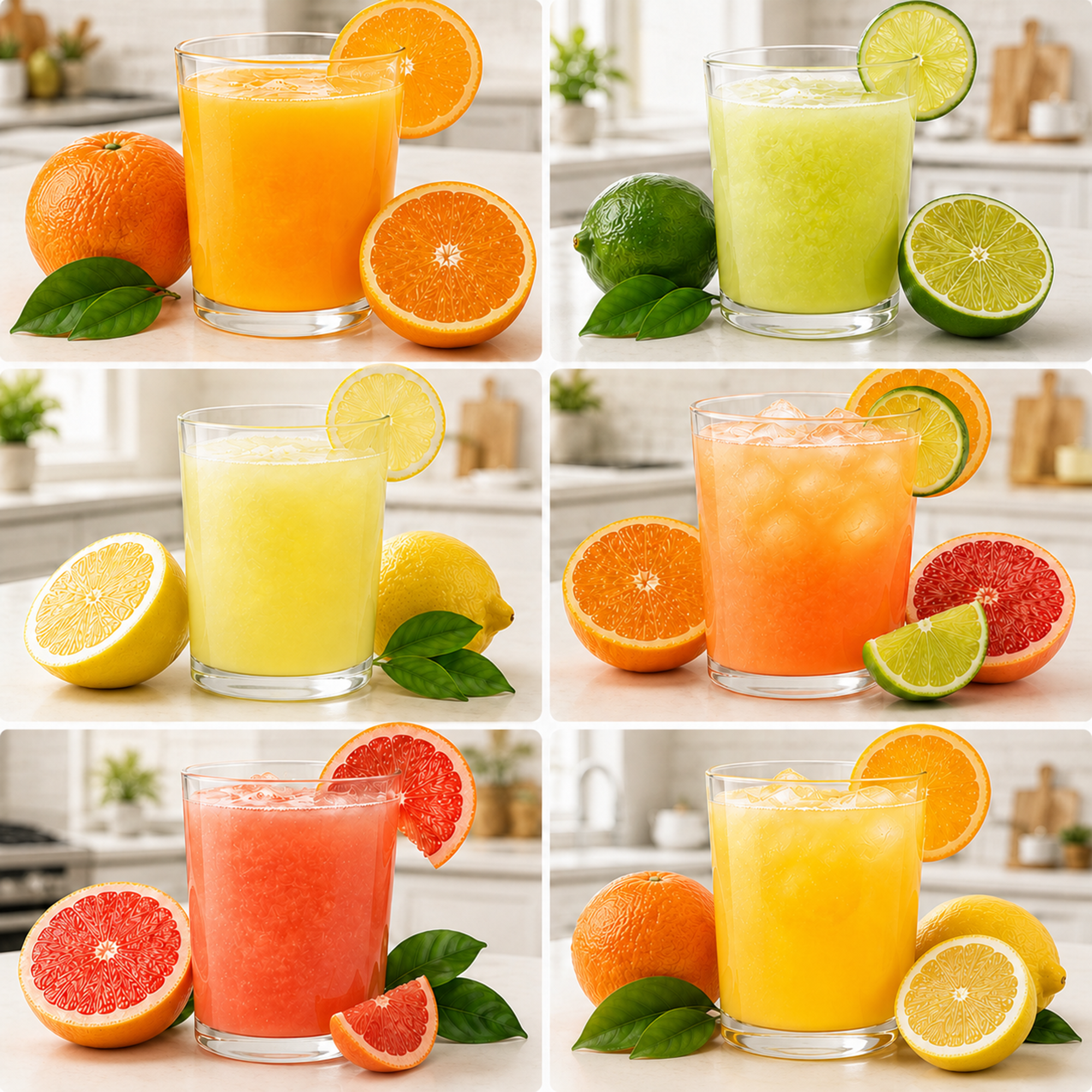 Six verres de jus de fruits avec des agrumes entiers et tranchés sur un comptoir blanc.