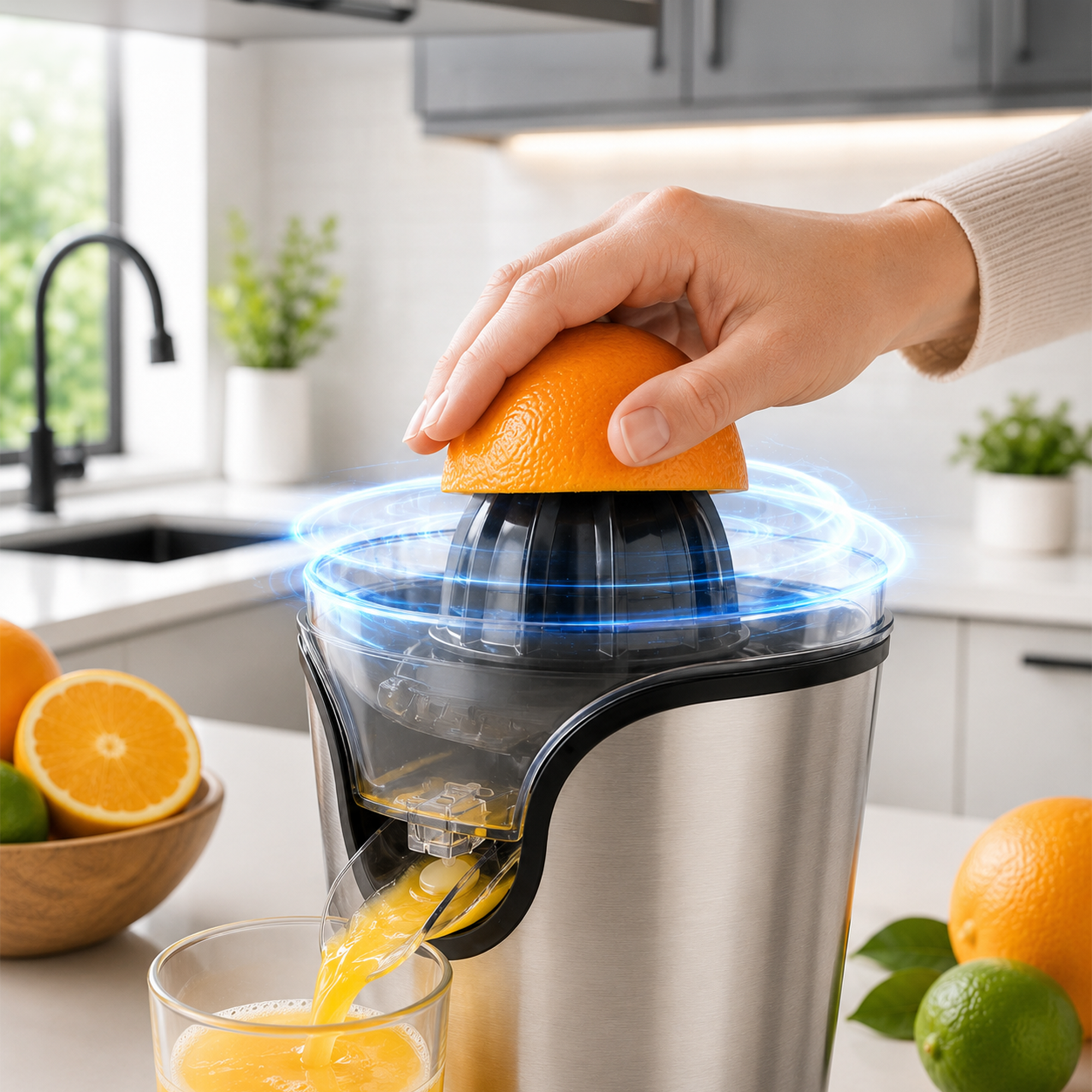 Eine Hand presst eine halbe Orange auf eine elektrische Zitruspresse, frischer Saft fließt in ein Glas.