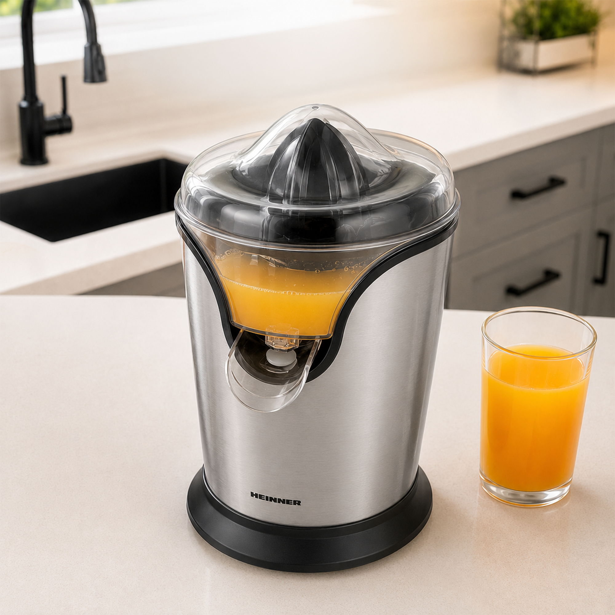 Eine Heinner Zitruspresse aus Edelstahl auf einer Küchentheke mit einem Glas Orangensaft daneben.