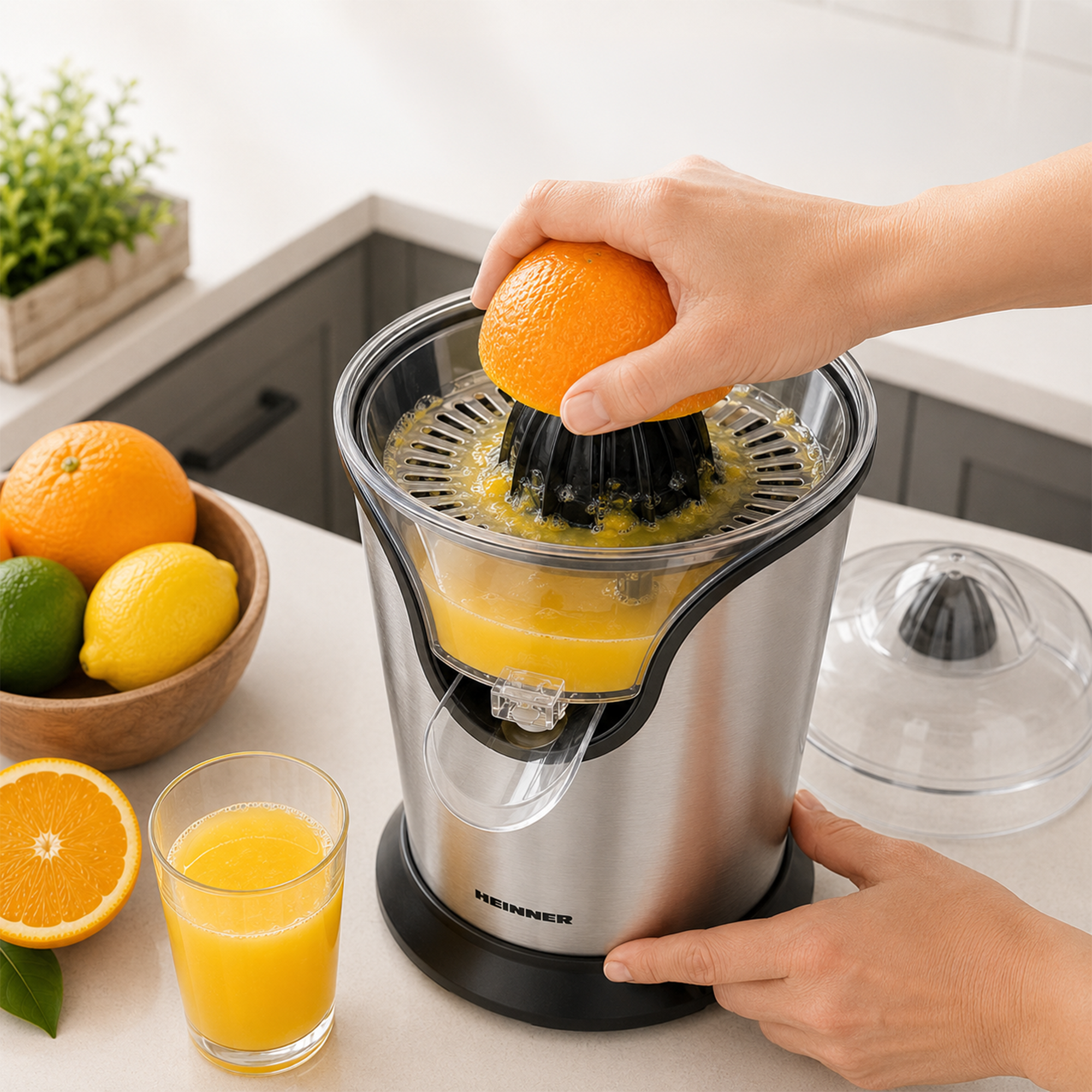 Eine Hand presst eine Orange auf einer silbernen elektrischen Saftpresse neben einem Glas frischem Orangensaft.