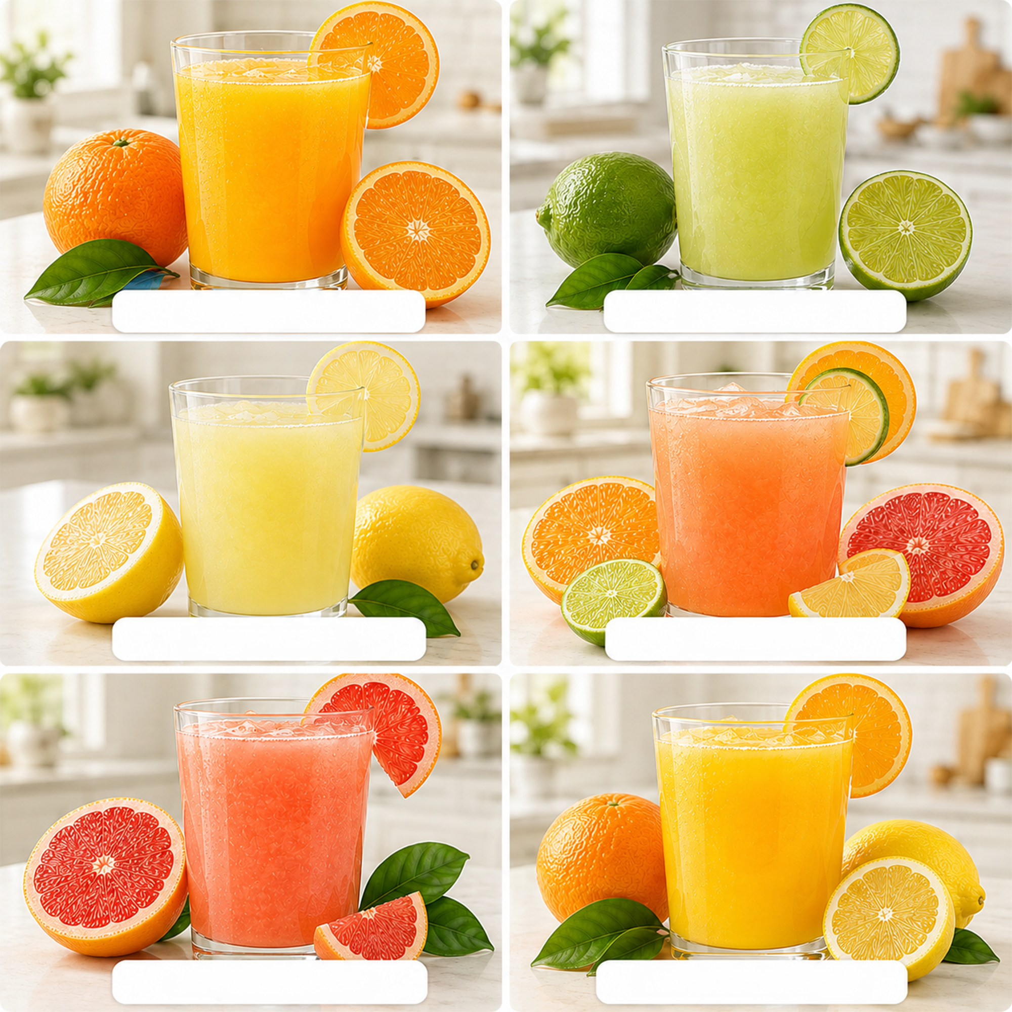 Six glasses of various fruit juices with fresh oranges, limes, lemons, and grapefruits on a white counter.